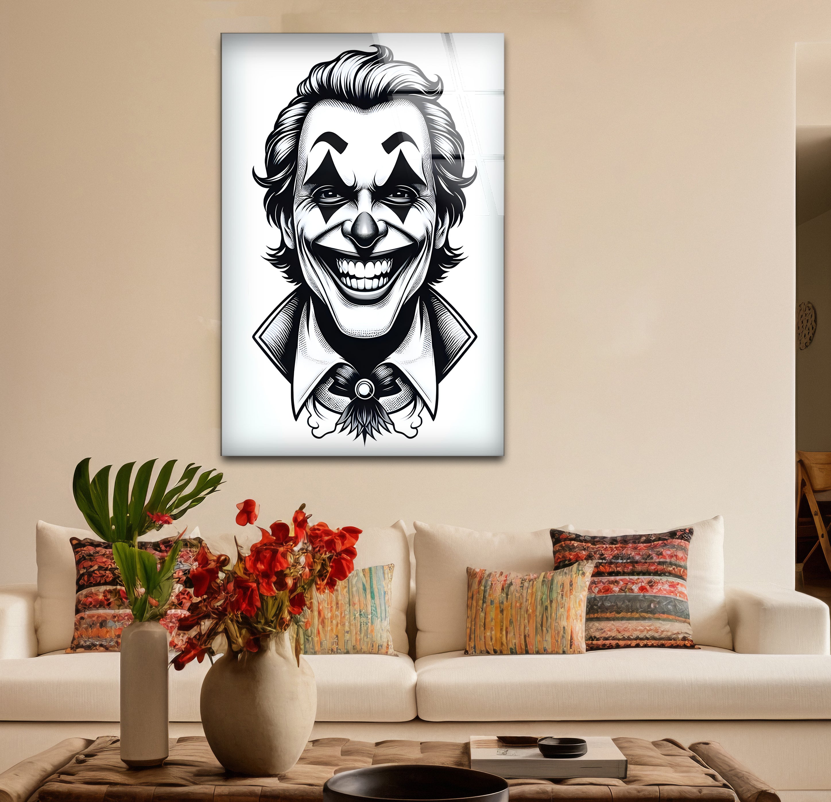 Joker Black & White Portrait Glass Wall Art - Premium Home & Office Decor for Superhero Fans & Movie Lovers