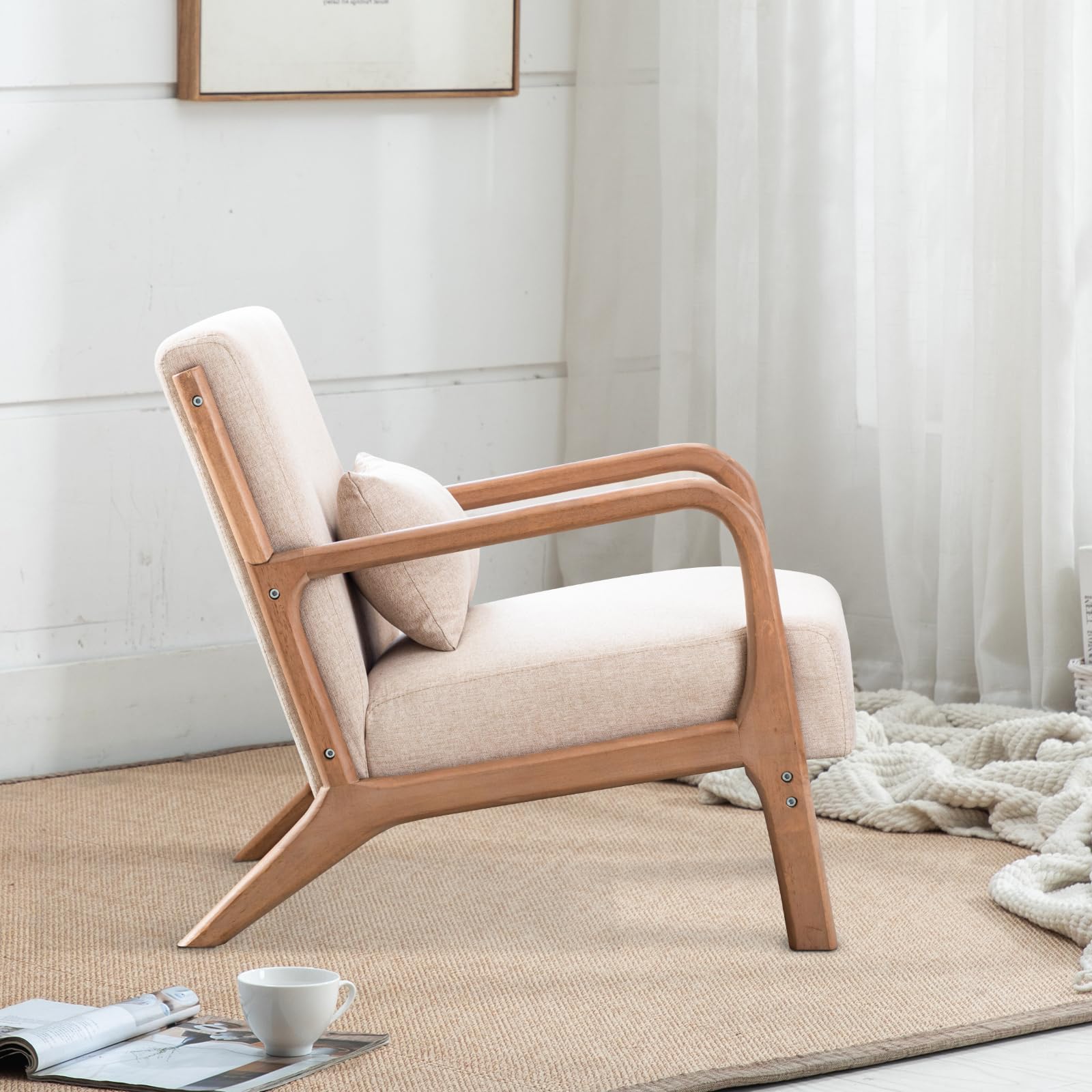 INZOY Mid Century Modern Accent Chair - Solid Wood Frame Upholstered Living Room Armchair with Removable Waist Cushion - Perfect for Bedroom, Sunroom, Reading Nook & Home Office (Beige)