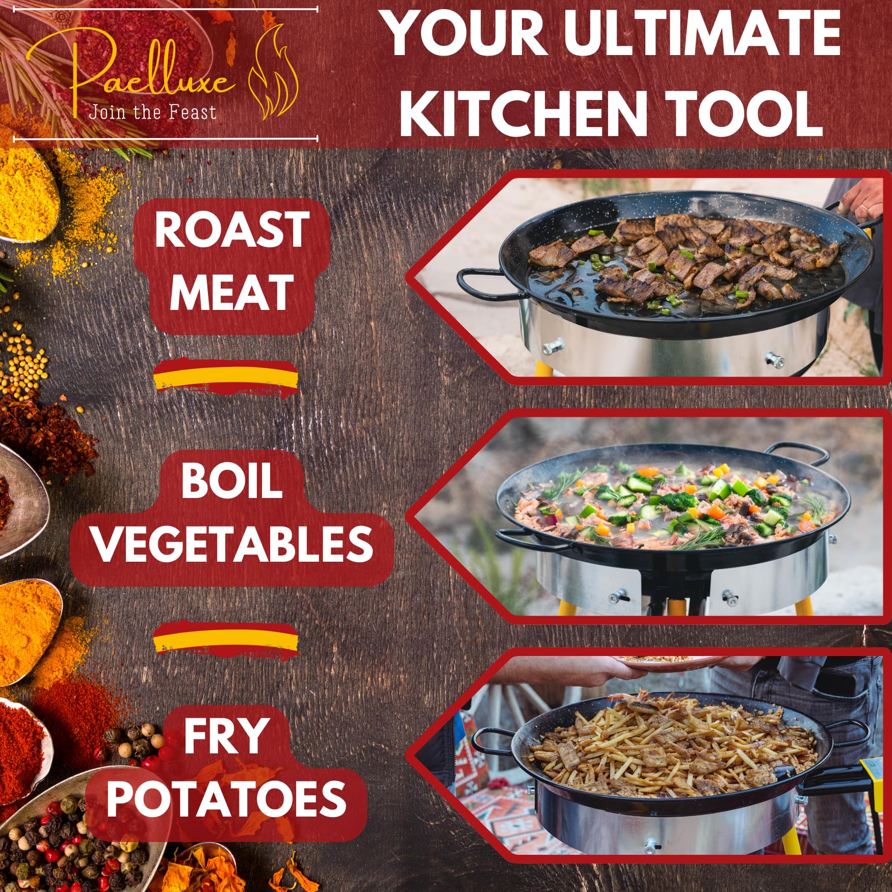 Premium 18-Inch Enameled Steel Paella Pan Set – Rust-Proof Outdoor Cooking Kit with Dual Burner Propane Stove & Stand – Serves 12 – Perfect for Backyard Parties, Camping & Spanish Cuisine