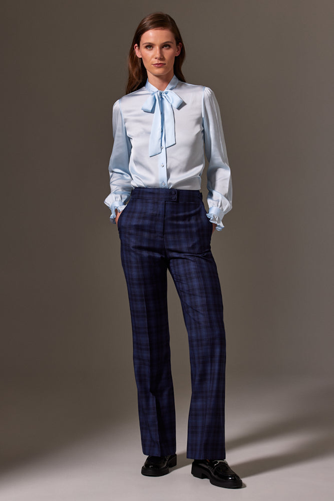Valeria Pussy Bow Blouse - Light Blue Silk Stretch Blouse for Women | Elegant Office Wear & Special Occasion Outfit