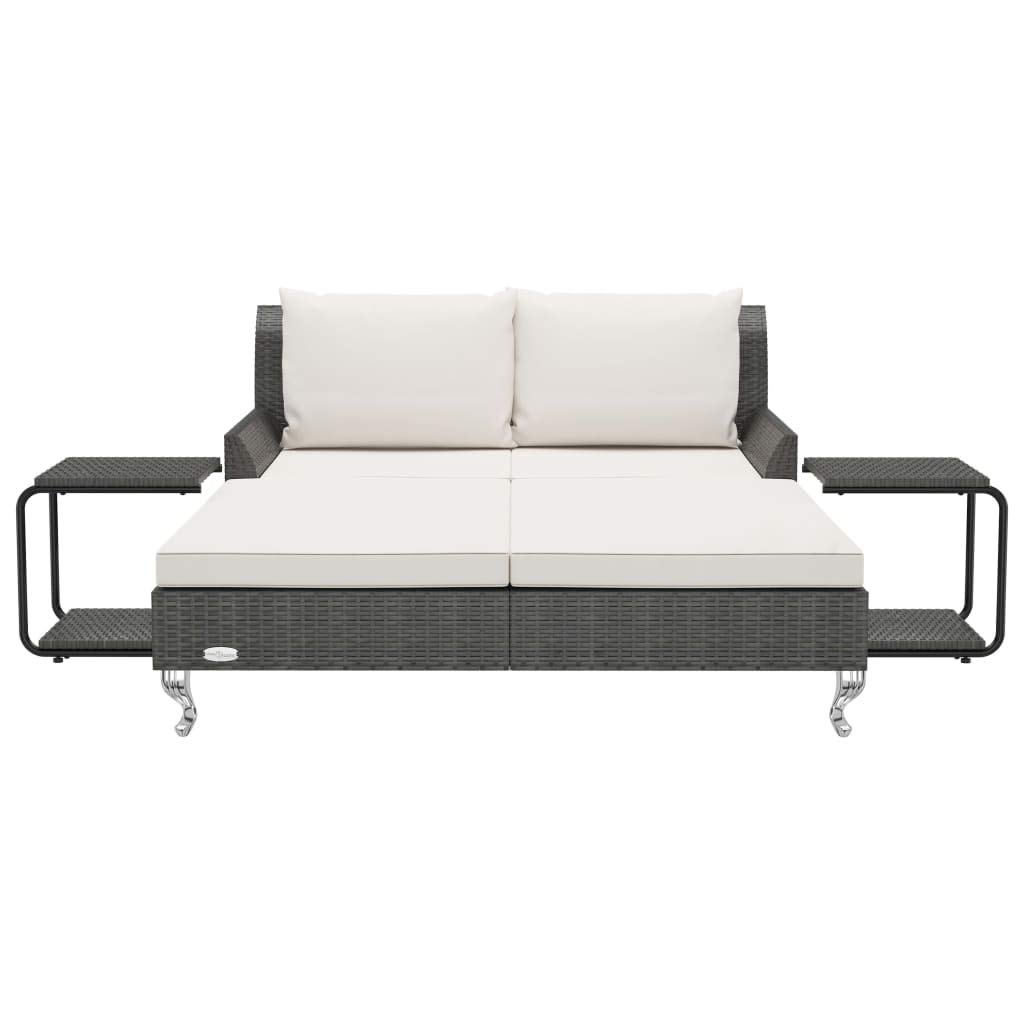 FAMIROSA 2-Person Outdoor Sun Bed with Cushions - Waterproof Poly Rattan Patio Furniture for Garden, Balcony, Beach, Poolside - Black Wicker Frame with Cream White Cushions - Perfect for Relaxing, Sunbathing and Lounging in Backyard, Hotel or Villa