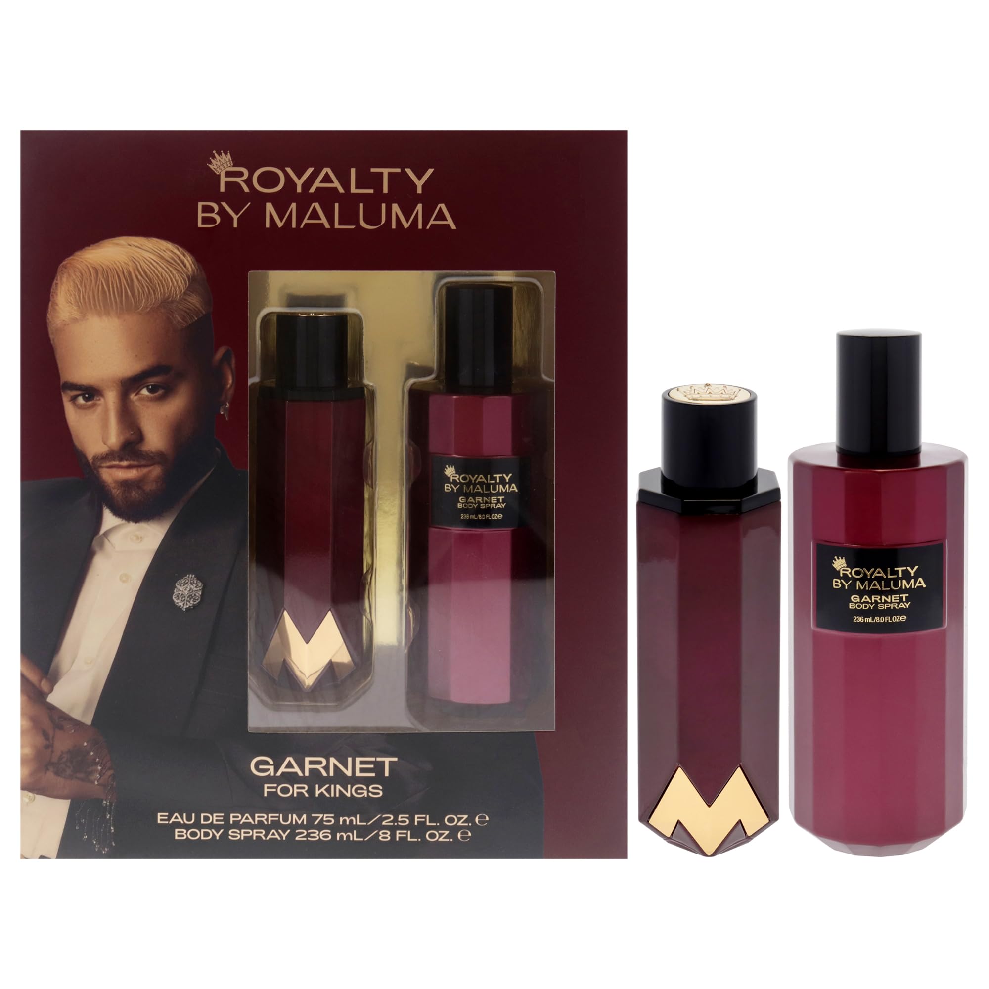 Garnet by Royalty By Maluma for Men - 2 Piece Gift Set (2.5oz EDP Spray + 8oz Body Spray) | Cologne & Fragrance Gift for Him | Date Night, Special Occasions