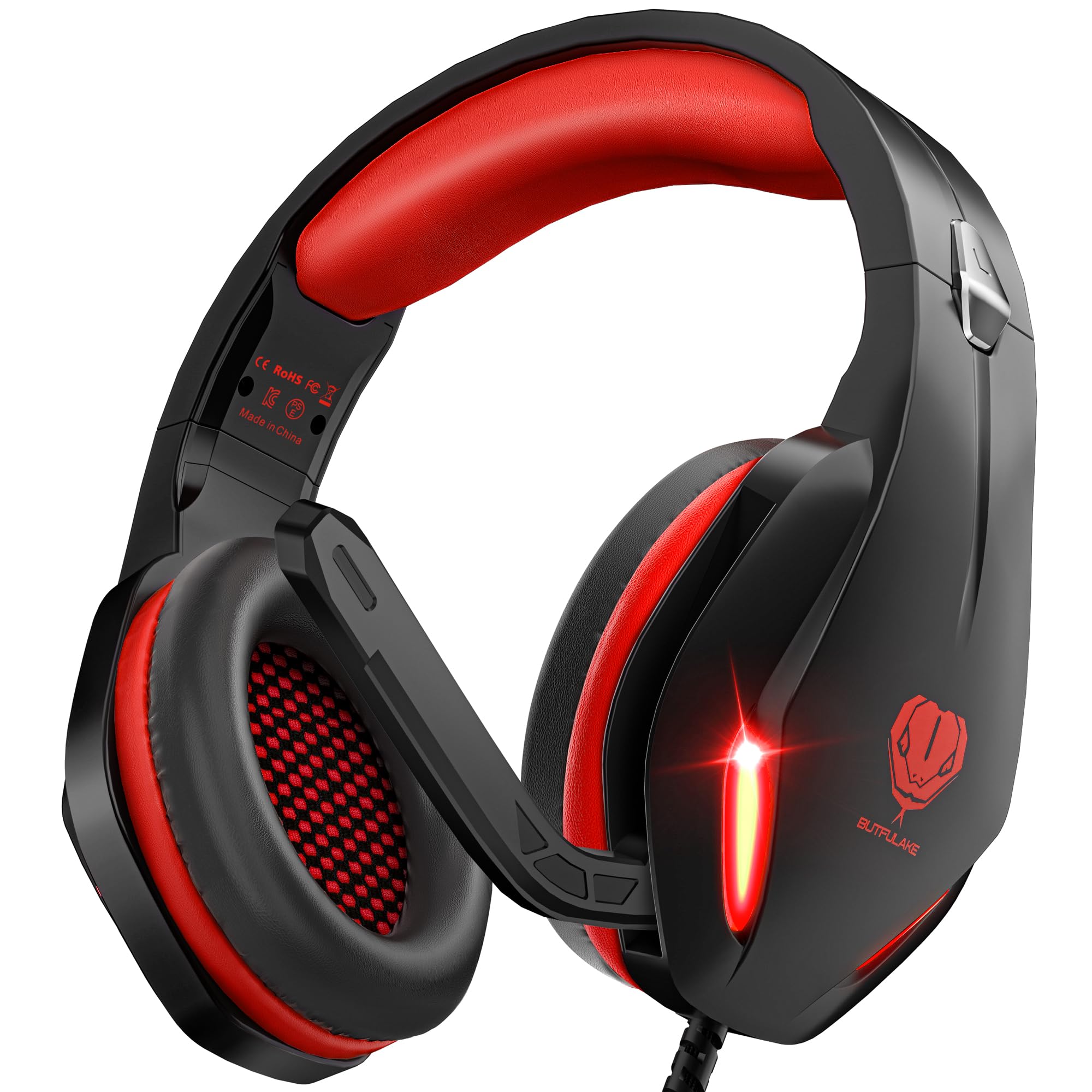 Butflake Gaming Headset with Noise Canceling Mic - Wired Over-Ear Headphones with Crystal Clear Sound & LED Lights for PC, PS4, PS5, Xbox One, Laptop - Lightweight Comfortable Red Gaming Headset for Pro Gamers & Streamers