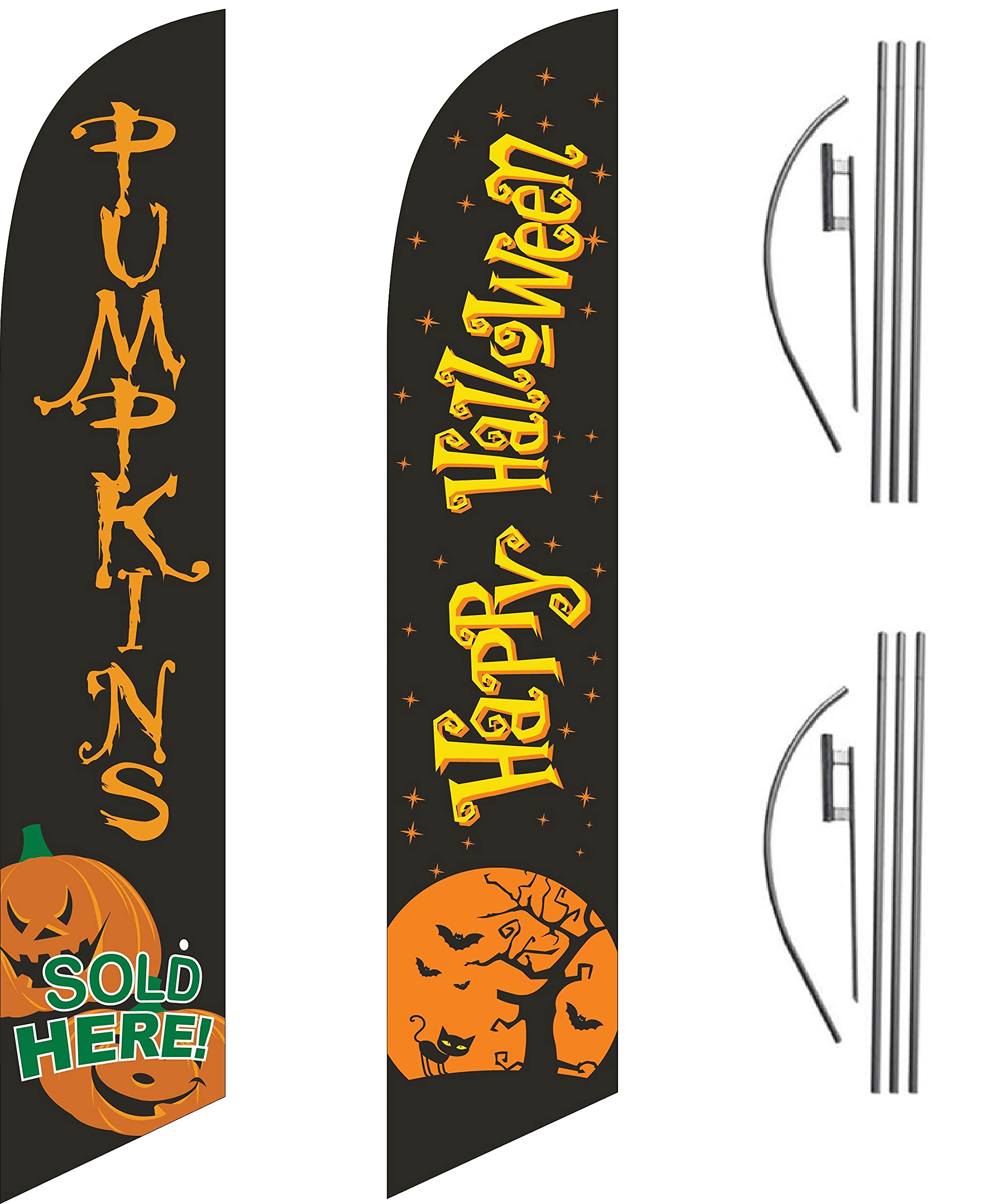 Happy Halloween Black & Pumpkin Feather Flags - Complete Business Advertising Kit with 2 Flag Poles & Ground Spikes | Perfect for Storefronts, Parties & Outdoor Halloween Decorations