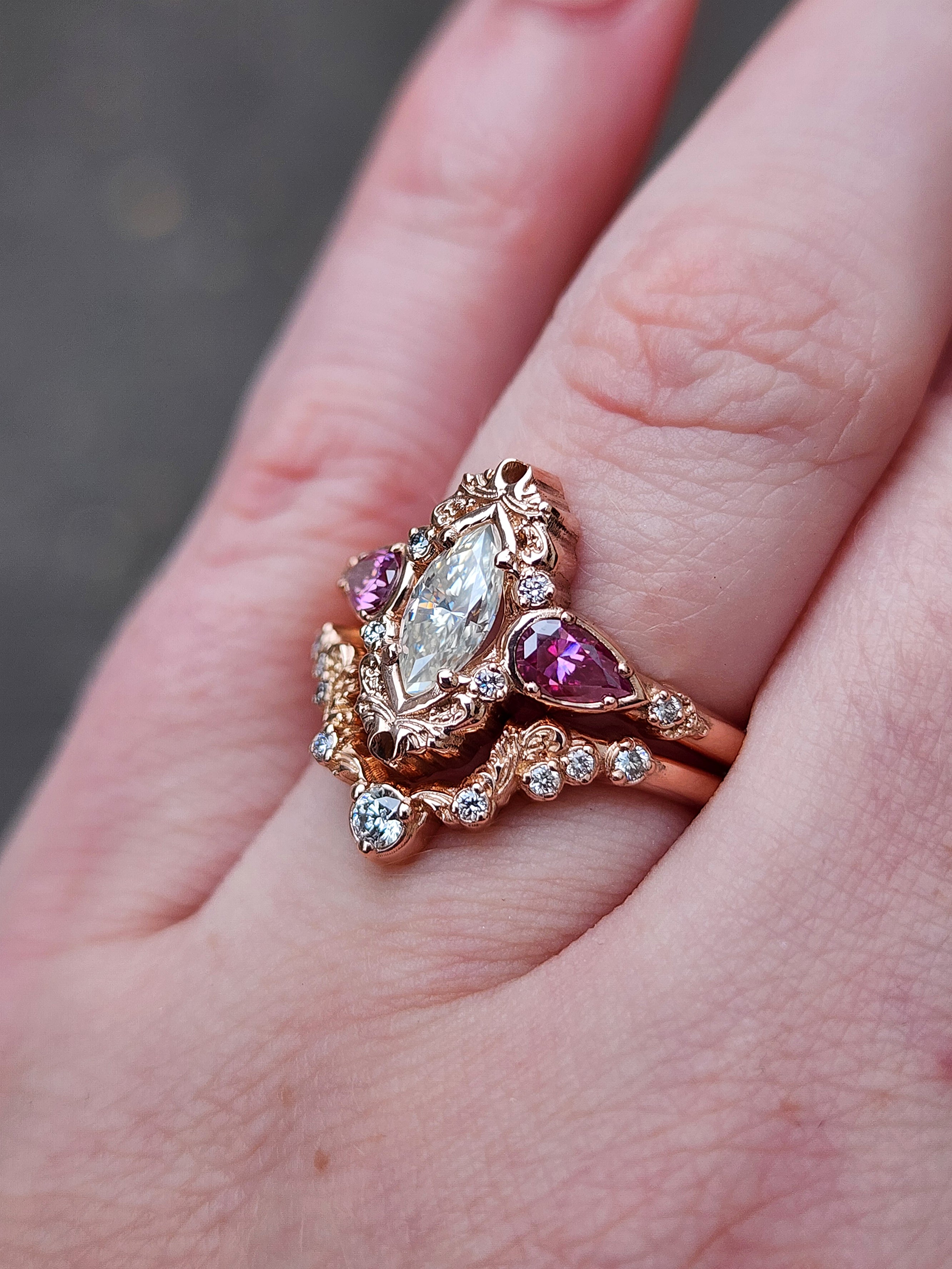 Odette Marquise Engagement Ring Set with Pink Moissanite Pear Accents & Gold Scroll Details - Matching Diamond Wedding Band for Women | Perfect for Proposals, Anniversaries & Bridal Jewelry