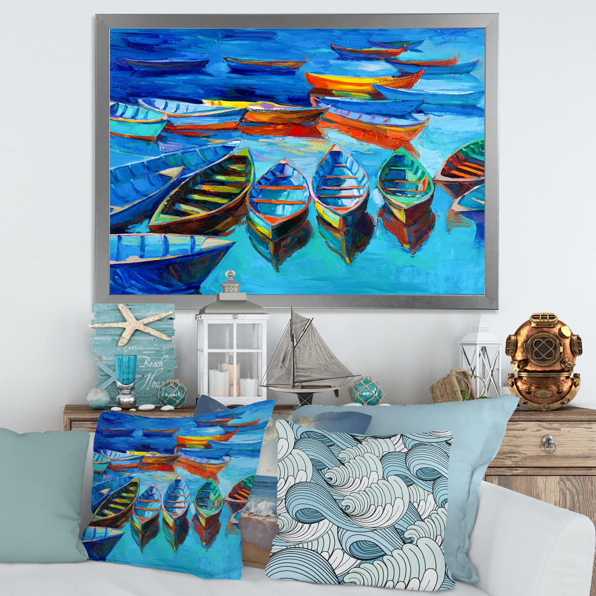 DesignQ Little Boats Waiting In The Harbor Nautical Coastal Framed Wall Art - Perfect for Beach House Decor, Living Room & Office Wall Art