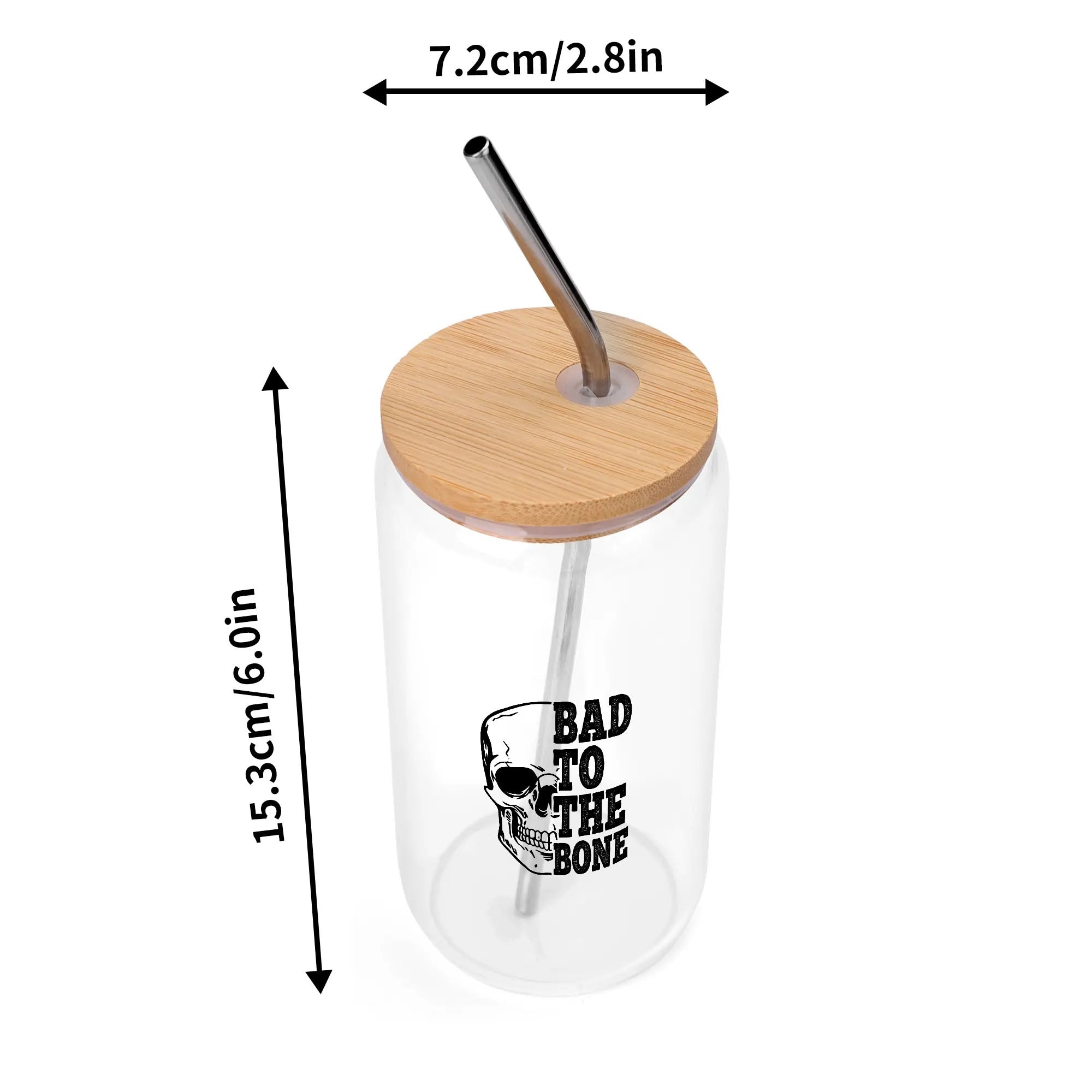 Bad To The Bone 16oz Glass Cups with Bamboo Lids & Straws - Reusable Eco-Friendly Drinking Glasses for Iced Coffee, Smoothies, and Cocktails at Home or Office
