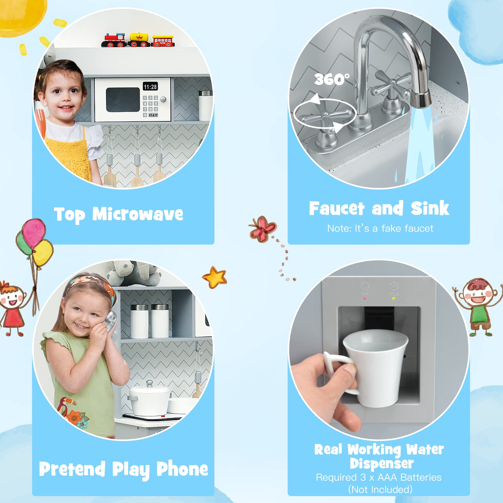Wooden Kids Kitchen Playset with Sink & Stove - Pretend Play Toy for Toddlers 3+ | Perfect Gift for Boys & Girls | Gray