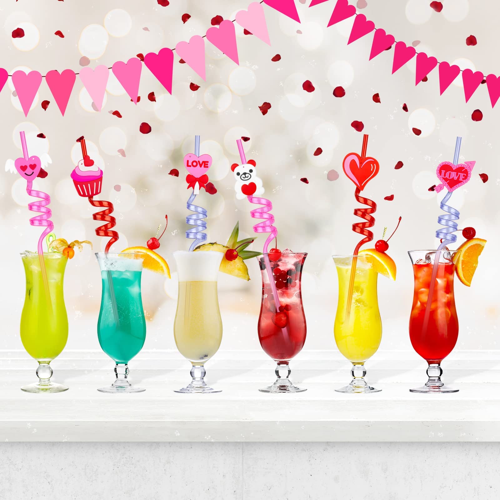 24-Pack Reusable Valentine's Day Heart Straws - Red Love Crazy Loop Drinking Straws for School Parties, Weddings & Bachelorette Events | Eco-Friendly Party Decor & Favor Supplies for Valentine's Celebrations