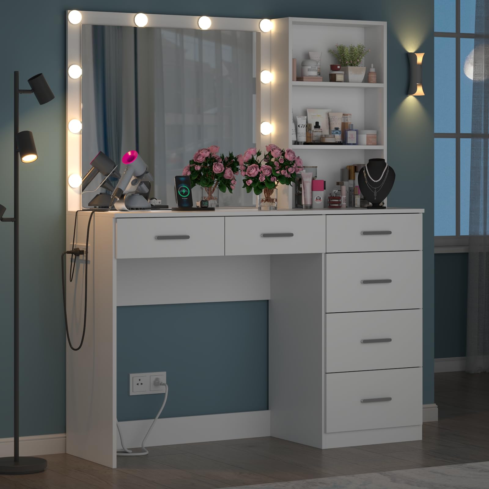 39 Inches White Vanity Desk with LED Lights & 6 Drawers - Makeup Dressing Table with Power Strip, Storage Shelves & Lighted Mirror for Women & Girls - Perfect for Bedroom, Dorm Room & Beauty Salon