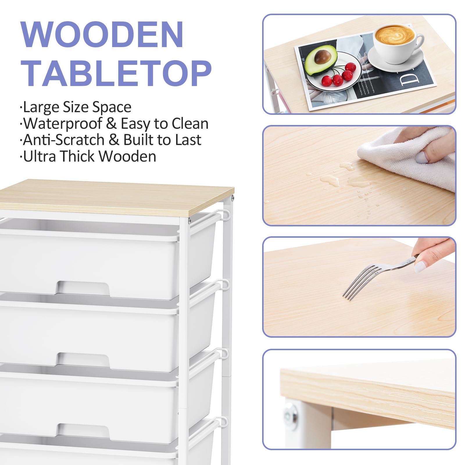 White Rolling Storage Cart with 6 Large Drawers & Wooden Tabletop - Lockable Wheels Utility Cart for Craft Supplies, Office, Bedroom, Classroom & Living Room Organization - Perfect for Home, School & Workspace Storage Solutions