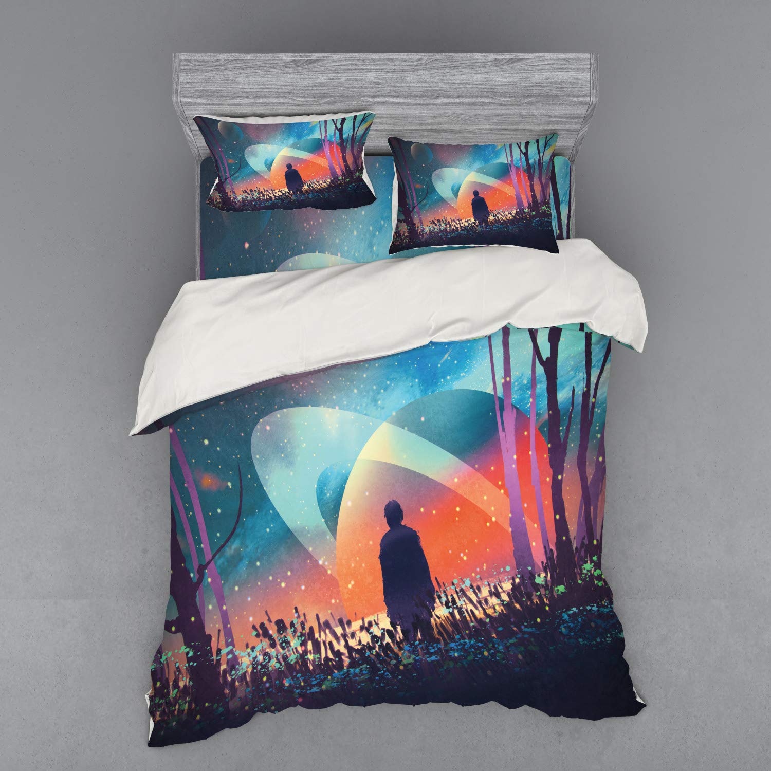Ambesonne Fantasy Duvet Cover Set - Vibrant Galaxy Planets Space Cosmos Art Bedding, 4-Piece Queen Size with Shams & Fitted Sheet - Perfect for Sci-Fi Lovers & Space-Themed Bedrooms