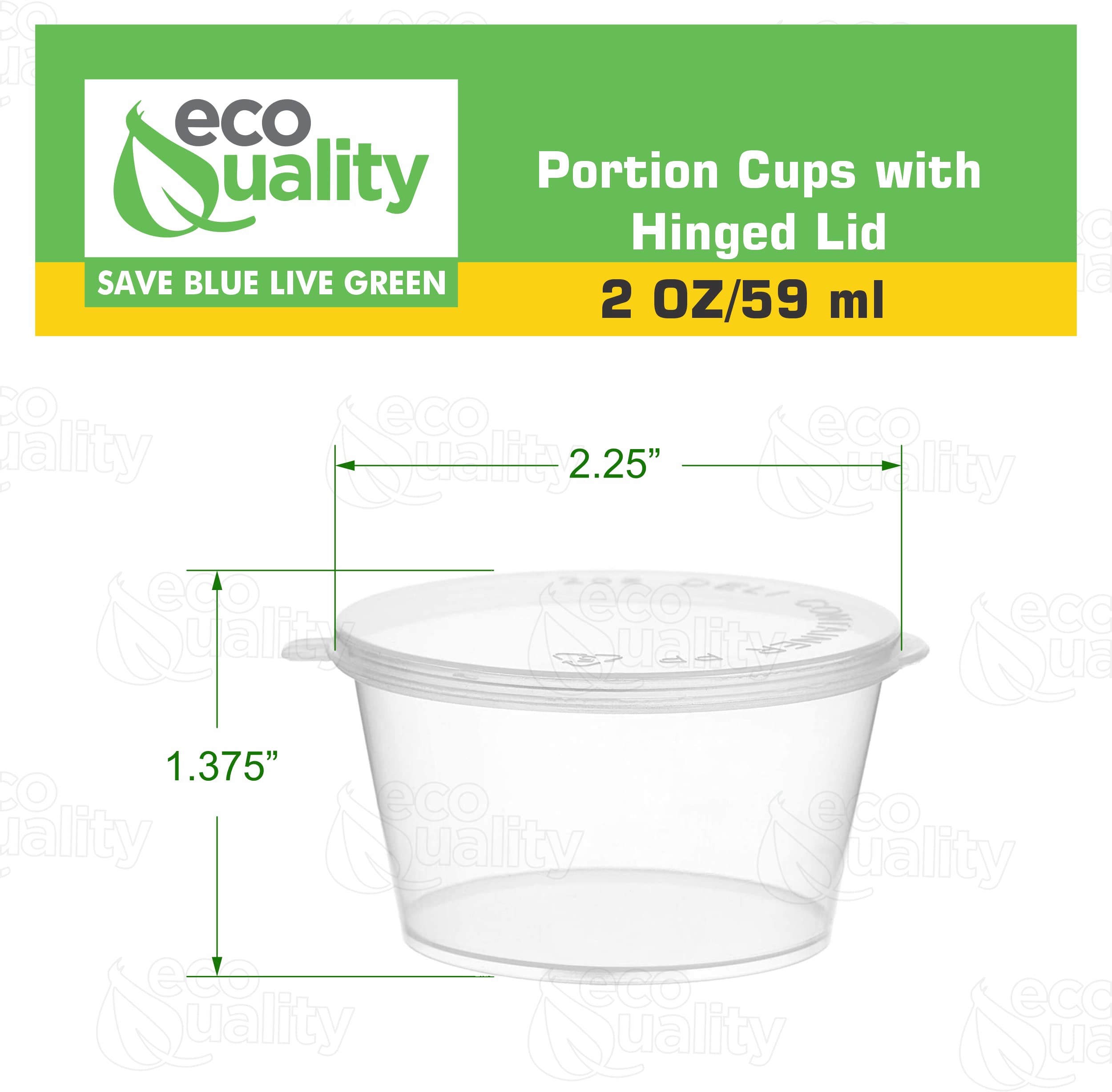 EcoQuality 2 Oz Leak Proof Plastic Condiment Cups with Hinged Lids - BPA Free Portion Containers for Sauces, Dressings, Jello Shots, Slime, Food Storage - Ideal for Restaurants, Catering, Parties & Home Use (Pack of 1000)