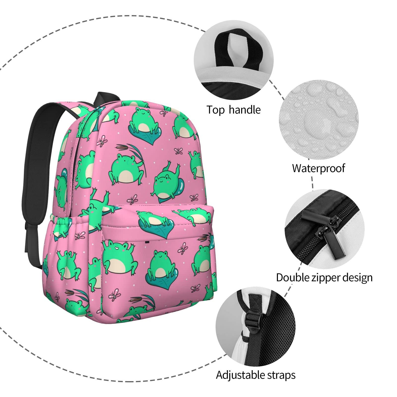 KiuLoam 17 Inch Laptop Backpack - Cute Green Frogs Design on Pink School Bag, Waterproof Daypack for Women & Girls - Perfect for College, Work, Travel & Everyday Use