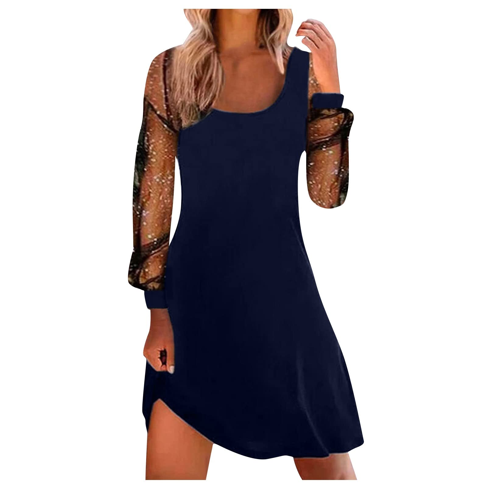 HAOREEKZ Women's Mini Dress - Fashion Square Neck Short Dress with Loose Fit, Sexy Mesh Long Sleeve for Fall | Perfect for Parties, Dating & Night Out