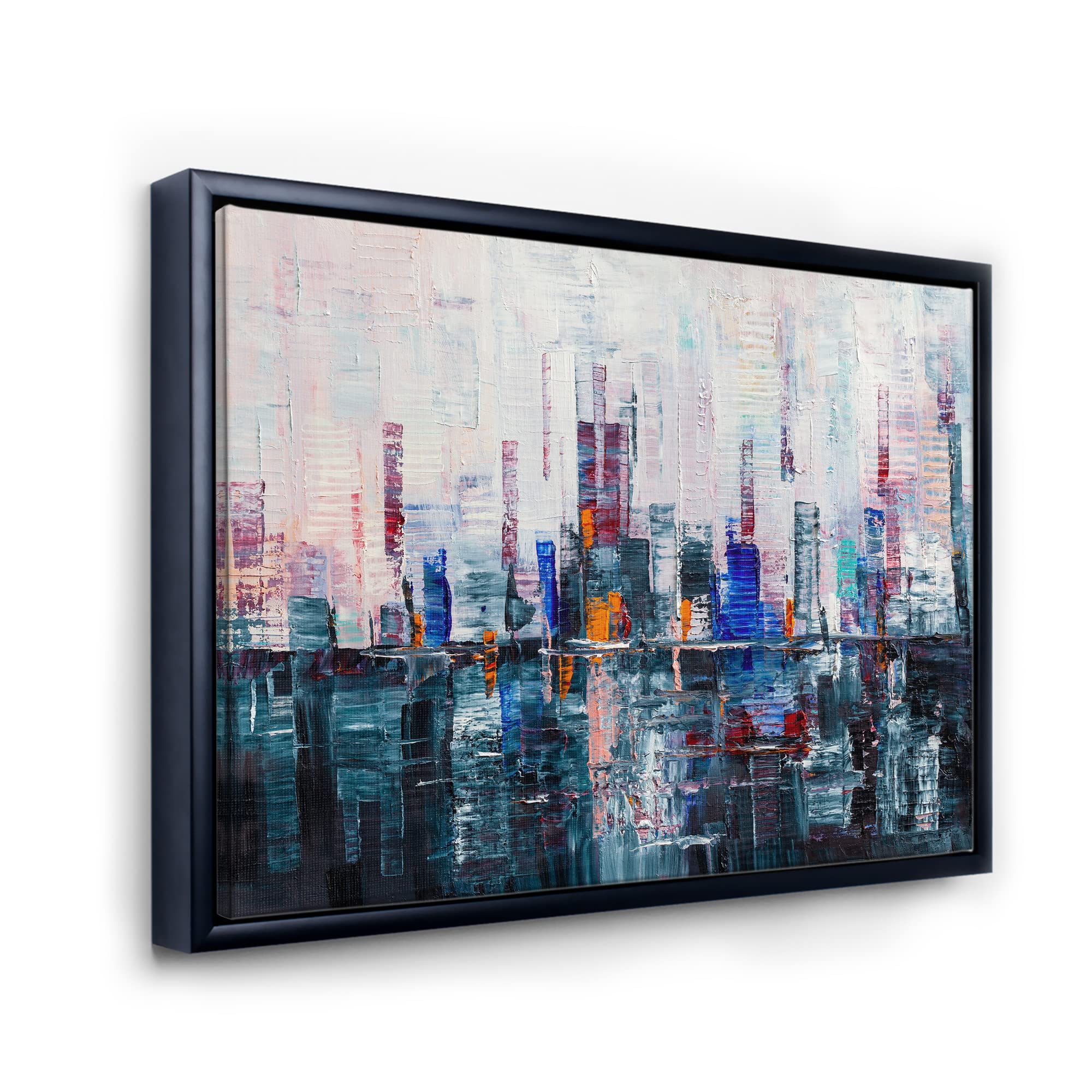 DesignQ Modern Abstract City Skyline Framed Canvas Wall Art Print - Urban Office & Home Decor for Living Room, Bedroom, or Office