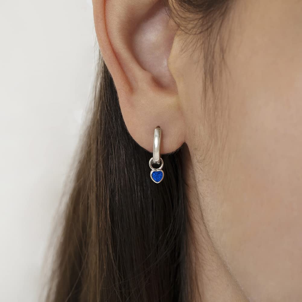 925 Sterling Silver Petite Simulated Birthstone Heart Charm Hoop Earrings for Girls | 12mm Cubic Zirconia Stud Earrings | Dainty Birthstone Jewelry Gift for Teens & Young Women | Perfect for Birthdays, Graduation & Special Occasions