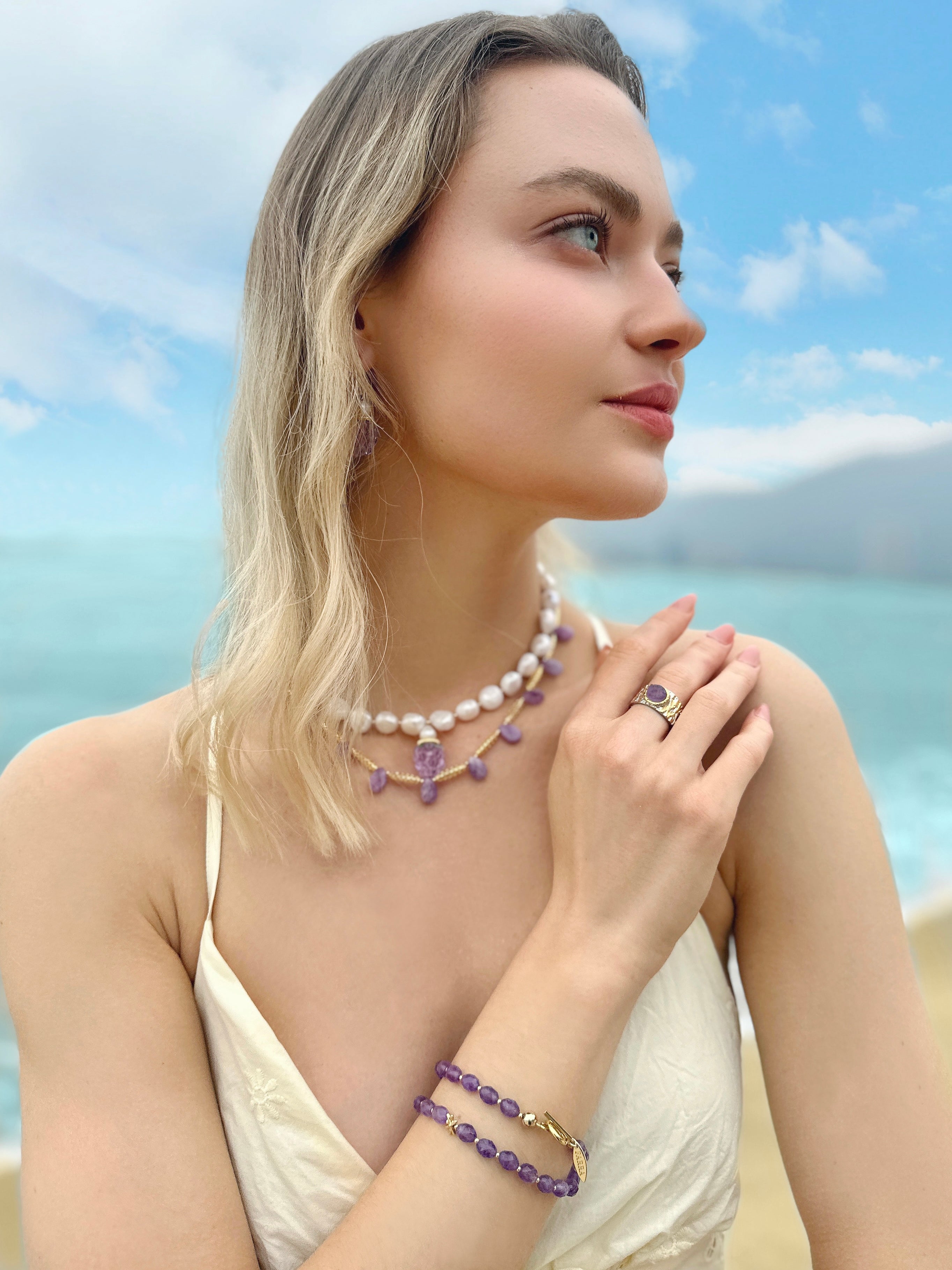 Amethyst Stone Platinum Plated Brass Adjustable Ring LR003 - Elegant Jewelry for Women, Perfect for Weddings, Parties & Daily Wear