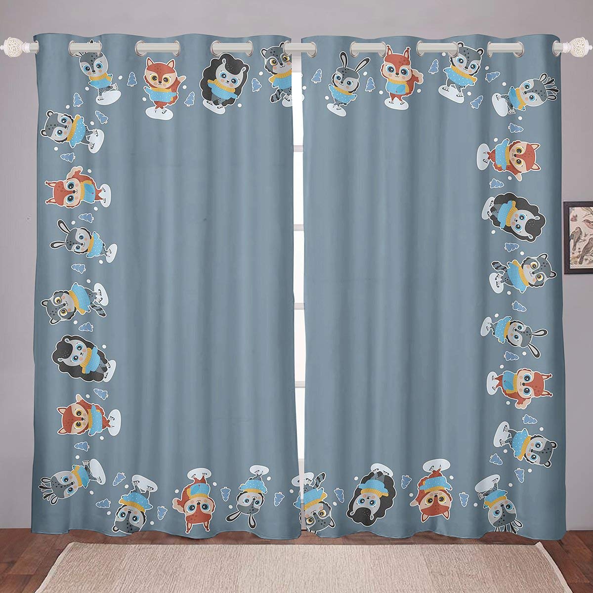 Cute Fox Wolves Rabbit Pattern Blackout Curtains for Kids Bedroom - 2 Panels, 52 x 84 Inch, Gray Animal Themed Window Treatments for Nursery & Playroom - Blocks Light for Better Sleep & Playtime