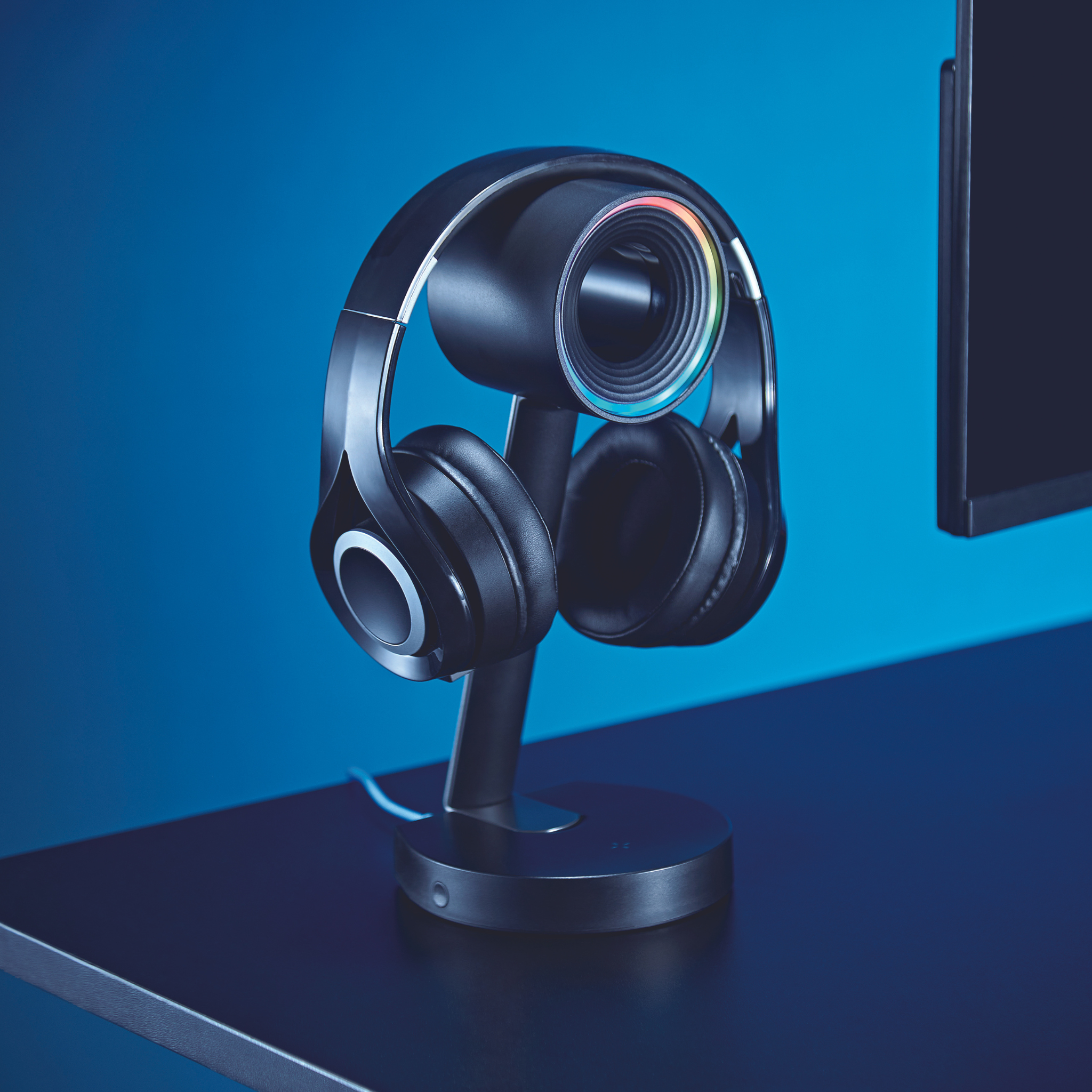 Orbit RGB Gaming Headphone Stand with Wireless Charging - LED Light Base for Headphones & Wireless Earbuds - Perfect for Gaming Setup, Office Desk, and Home Decor