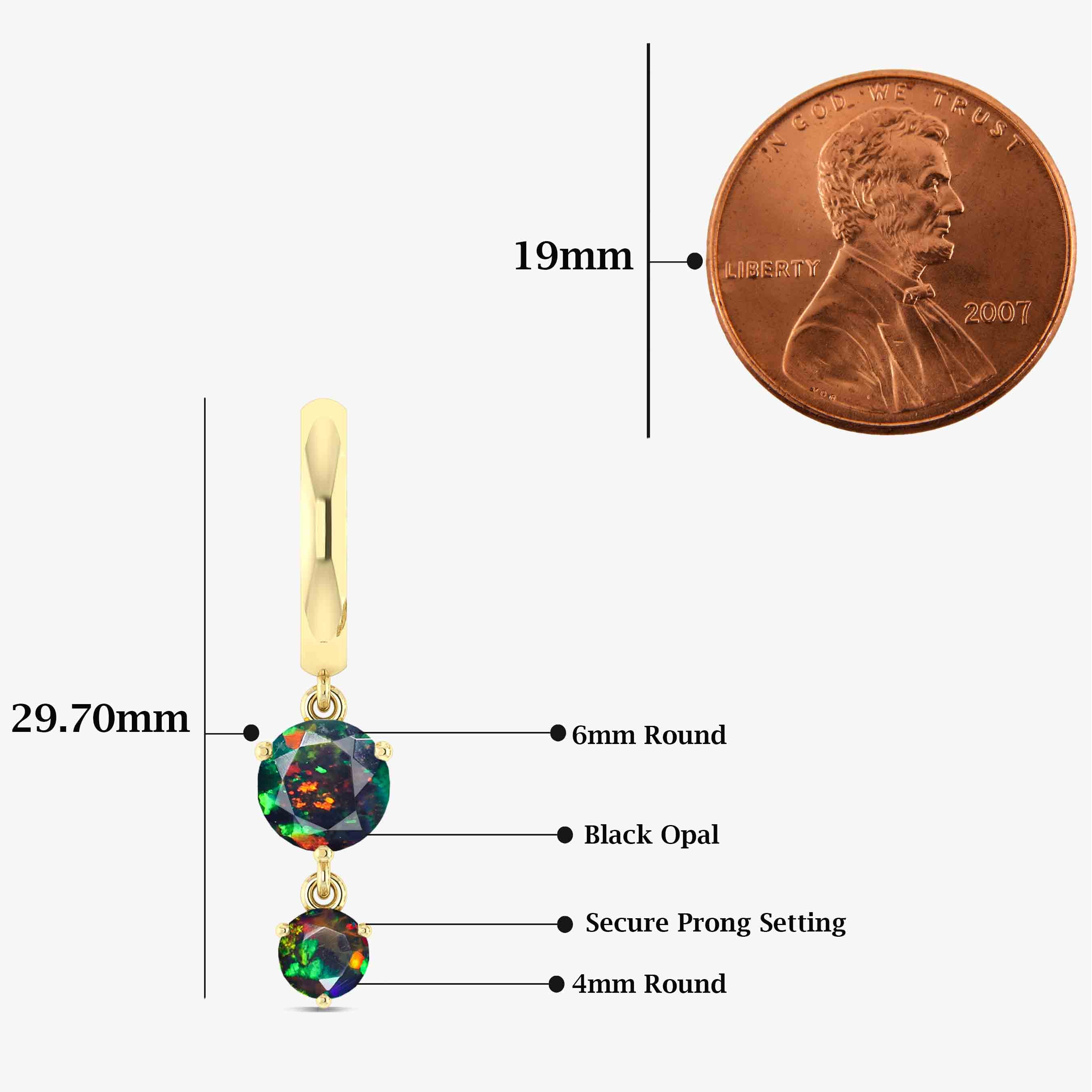 2 Round Stone Natural Black Opal Drop Hoop Earrings for Women - Elegant Dangle Jewelry for Party, Wedding & Everyday Wear