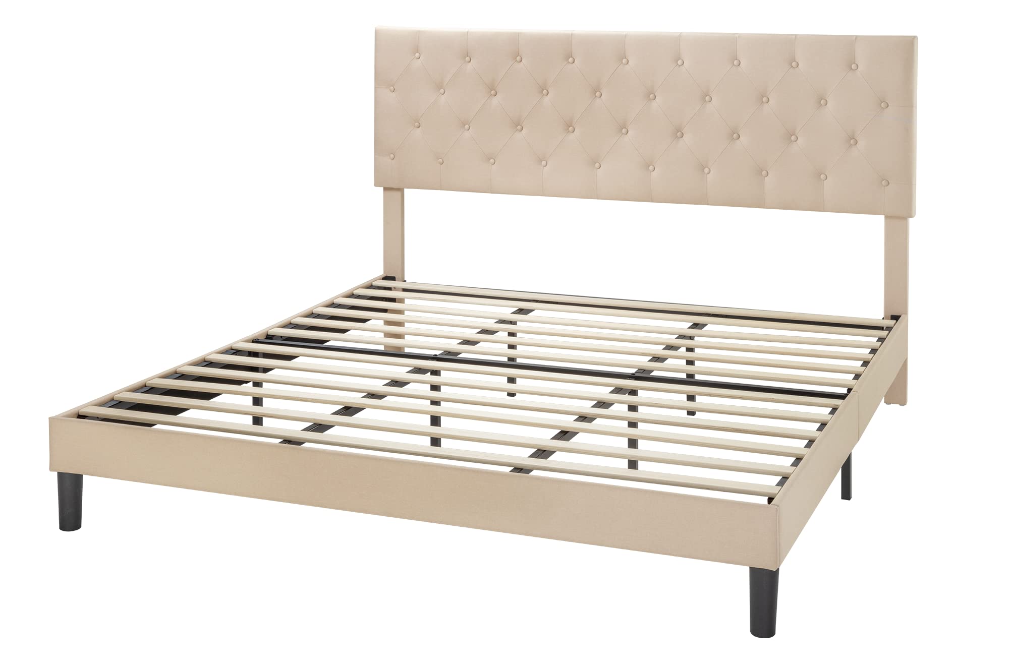 SHA CERLIN King Size Bed Frame with Button Tufted Headboard - Upholstered Fabric Platform Bed with Wooden Slats, No Box Spring Required, Beige - Perfect for Master Bedroom, Guest Room & Modern Home Decor