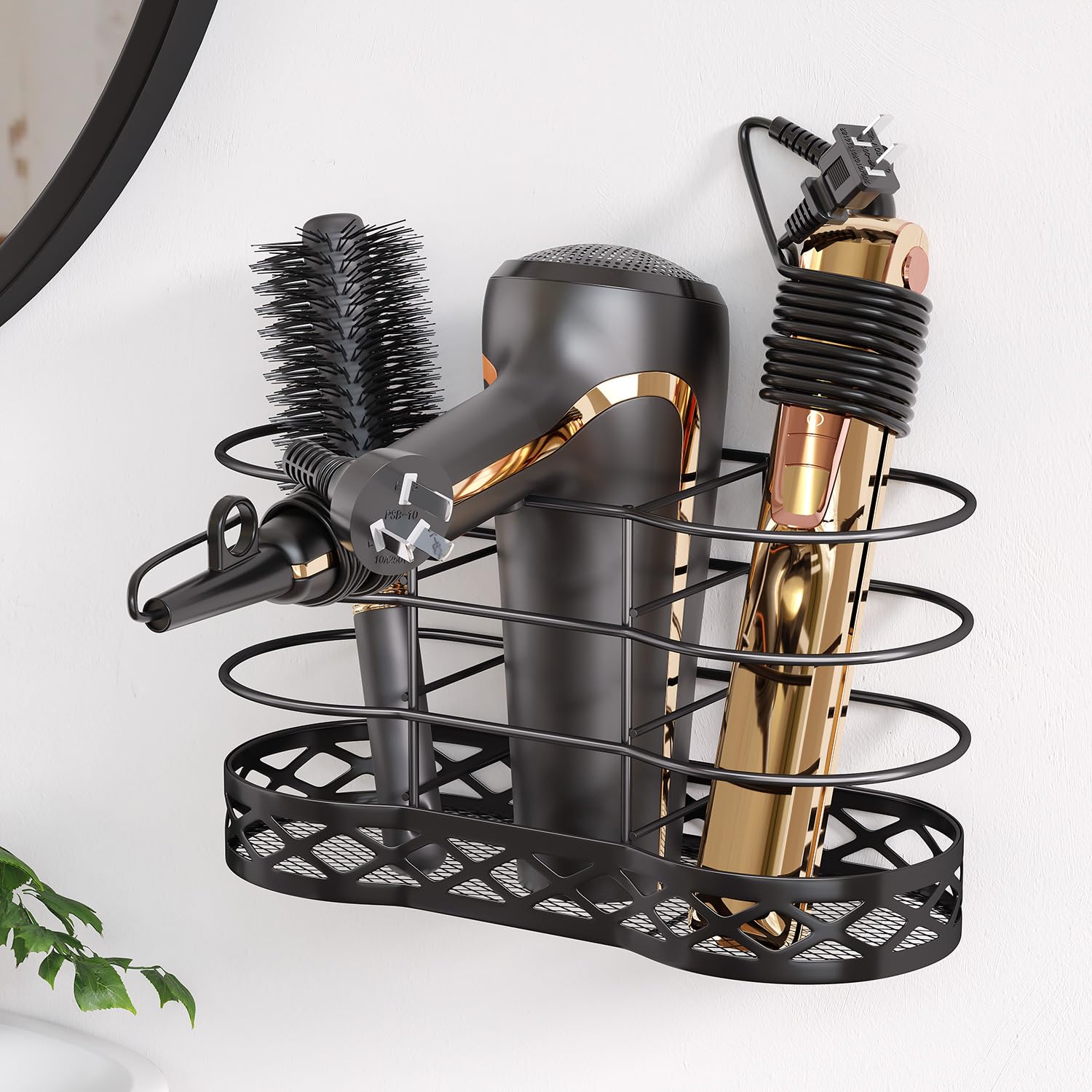 Black Hair Dryer Holder & Organizer - Wall Mount Blow Dryer Storage for Bathroom, Cabinet Door - Perfect for Hair Styling Tools Like Flat Irons & Curling Straighteners - Ideal for Salon, Home & Travel Use