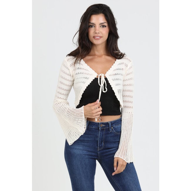 Ivory Bell Sleeve Tie Front Crop Cardigan for Women - Soft Knit Lightweight Sweater for Spring & Fall - Perfect for Dates, Office & Casual Outfits