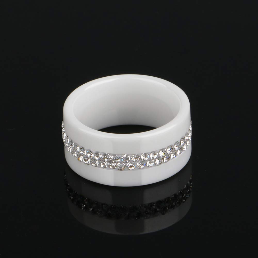 10mm Wide Two Row Crystal Women's Rings - Smooth Black & White Ceramic Jewelry for Wedding, Engagement & Fashion Accessories | Elegant Gift for Her