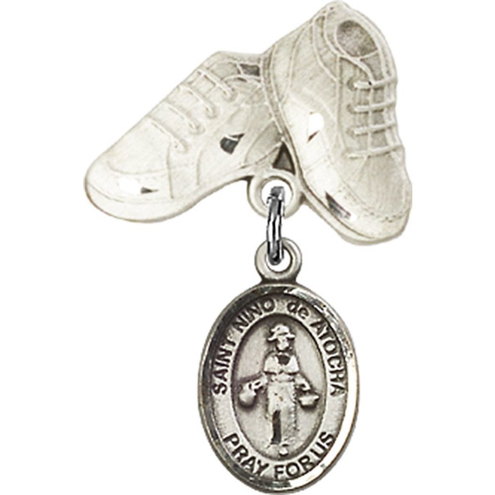 St. Nino de Atocha Sterling Silver Baby Badge Charm with Baby Boots Pin - 1 x 5/8 Inch - Perfect for Christenings, Baptisms & Baby Blessing Jewelry Gifts