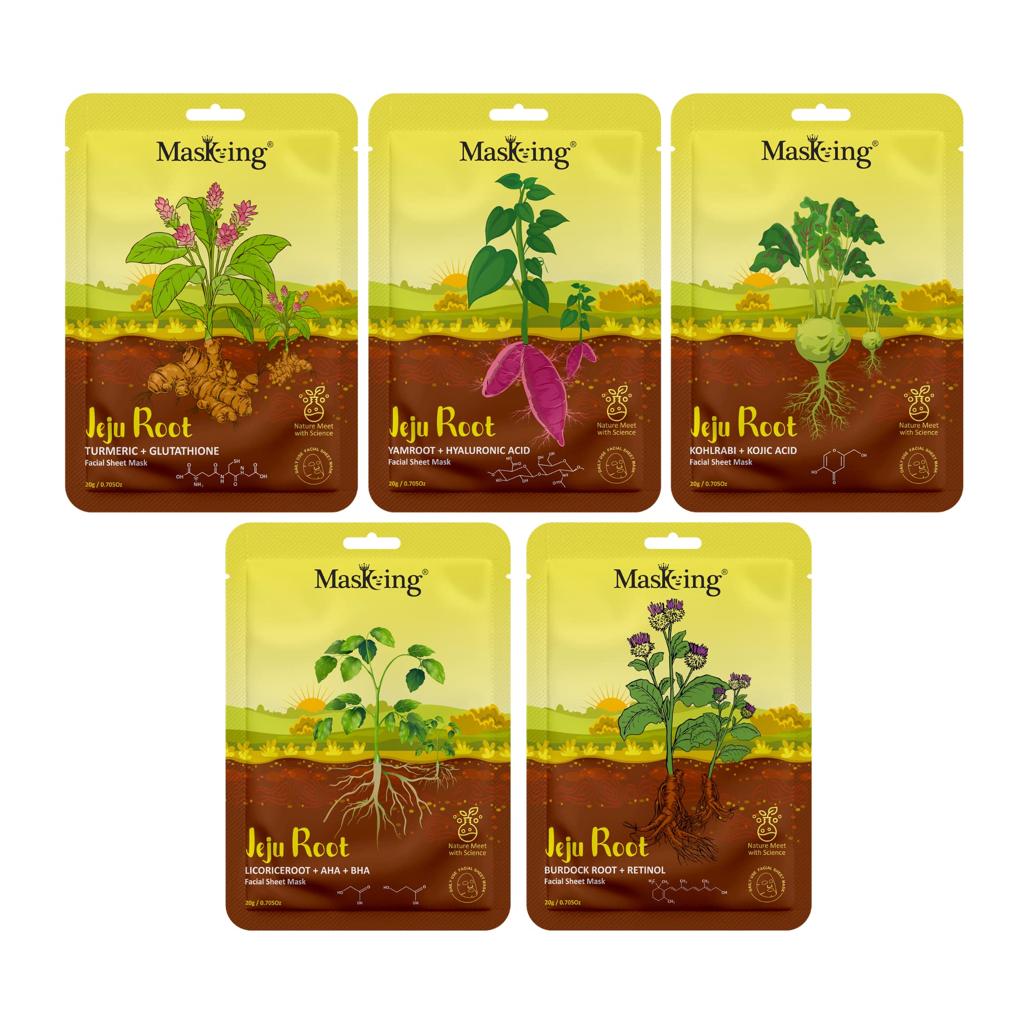 Jeju Root Face Sheet Mask - Anti-Aging & Firming Skincare for Women & Men - Hydrating & Brightening - Pack of 5 - Perfect for Daily Skincare Routine & Spa Night