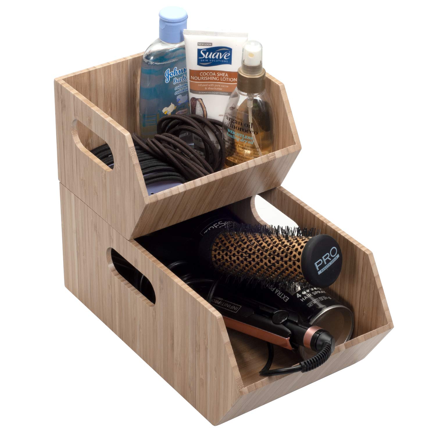 Bamboo Storage Bins 2-Pack - Stackable Bathroom Organizer for Towels, Toilet Paper & Hair Accessories - Cabinet & Vanity Storage Solution