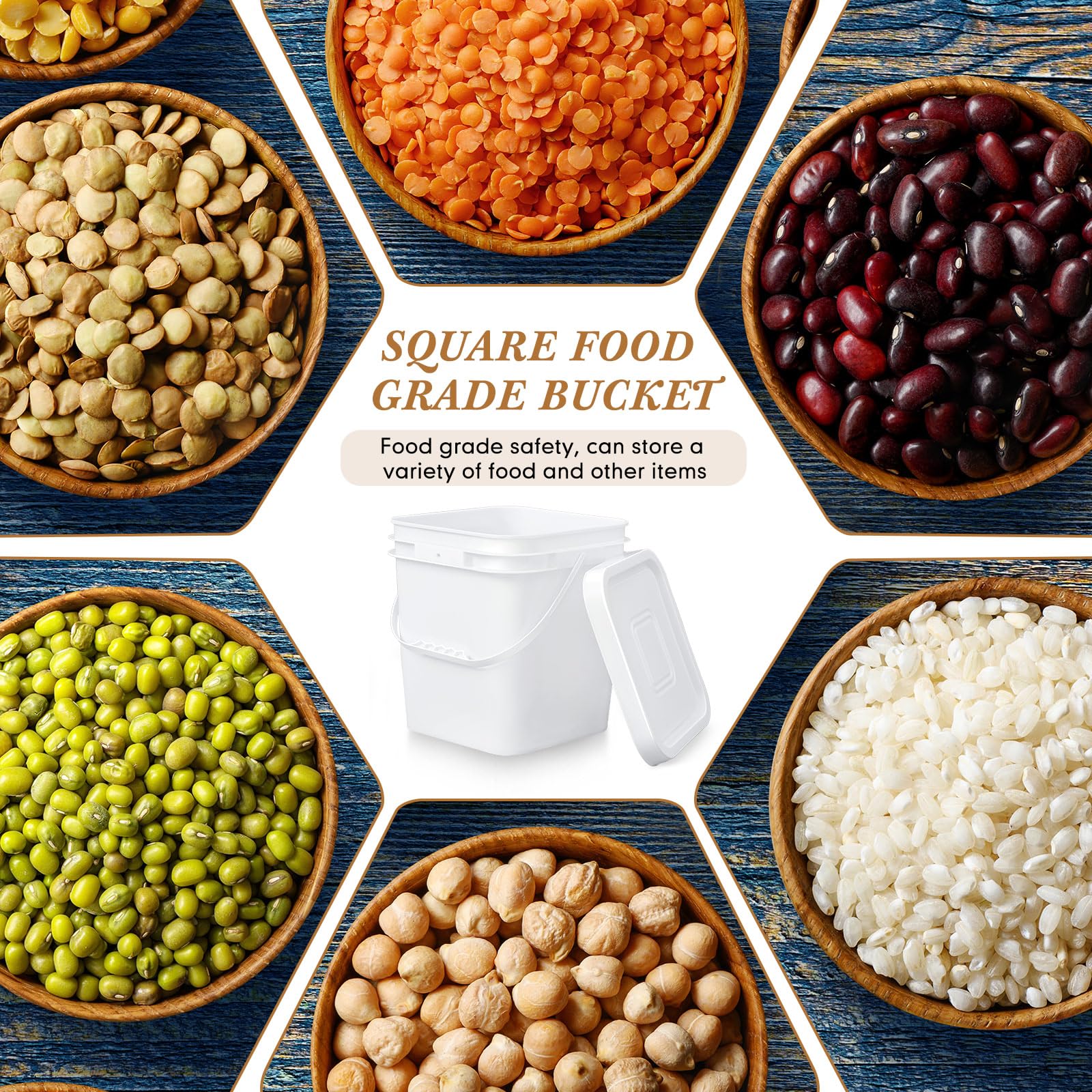 Mumufy 5-Pack 3.5 Gallon Square Food Grade Plastic Buckets with Lids & Handles - Airtight Storage for Dry Food, Charcoal, Camping Gear, Fishing Supplies (White) - Perfect for Kitchen Pantry, Outdoor Adventures & Bulk Food Organization
