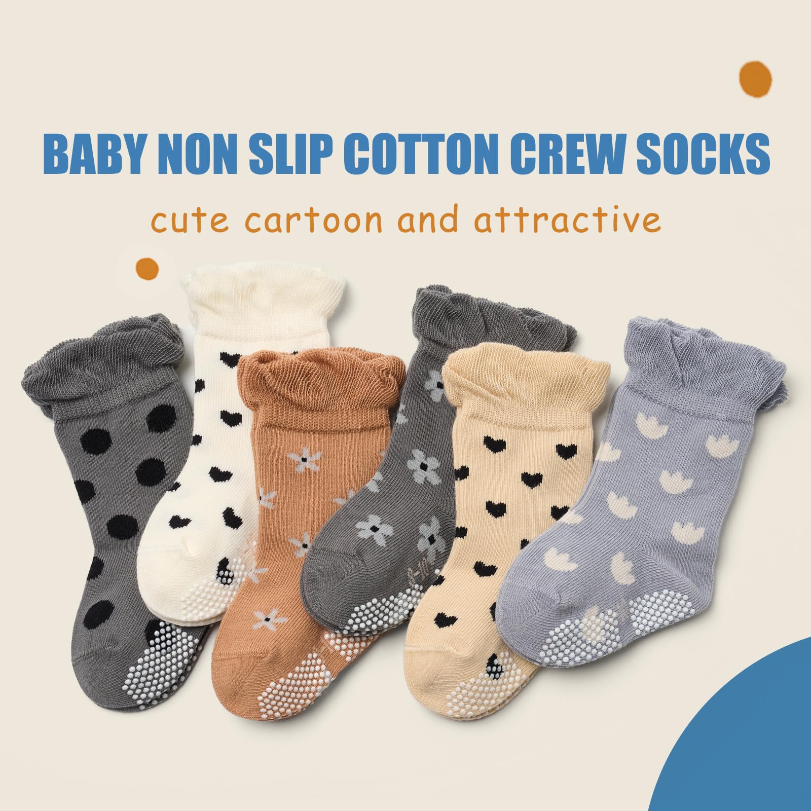 **Soft Baby Cotton Crew Socks - Non-Slip Grip Toddler Socks for Boys & Girls (6-Pack) - Perfect for Playtime, Daycare & Home**
