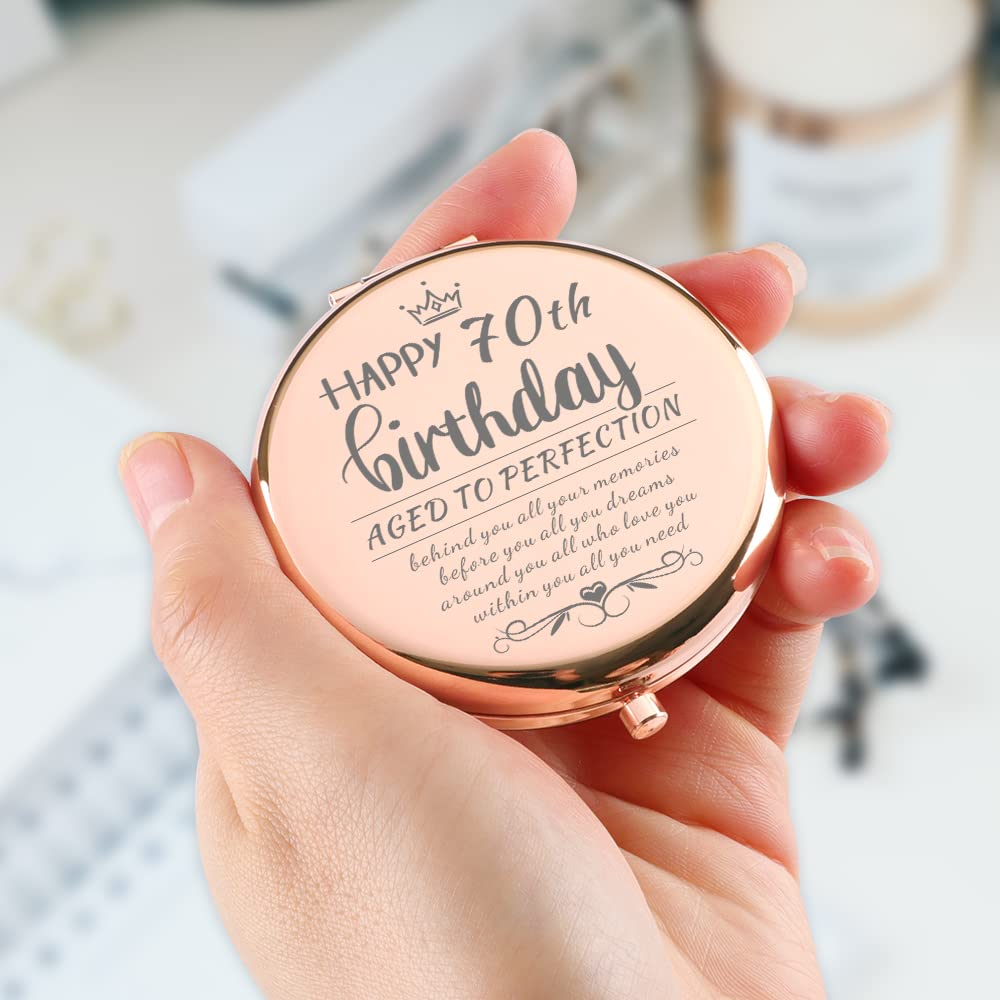 Dyukonirty Rose Gold Compact Mirror - 70th Birthday Gift for Women, Wife, Sister, Grandma, Aunt, Mom, Teacher & Boss | Travel Mirror & Unique Birthday Gift Idea for 70 Years Old | Perfect for Travel, Makeup Touch-Ups & Special Occasions