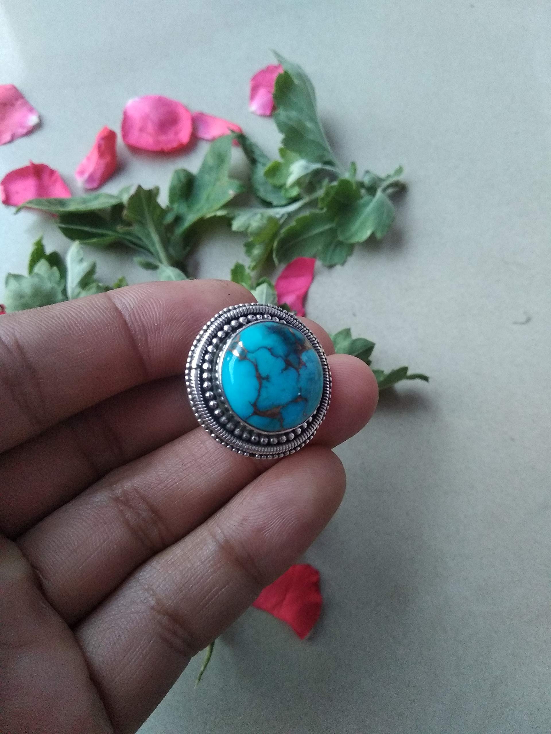 925 Sterling Silver Blue Copper Turquoise Ring for Women - Boho Round Statement Jewelry, Genuine Gift for Her, Promise Ring, Mermaid Gift, Nickle Free Midi Ring | Perfect for Weddings, Parties & Everyday Boho Fashion