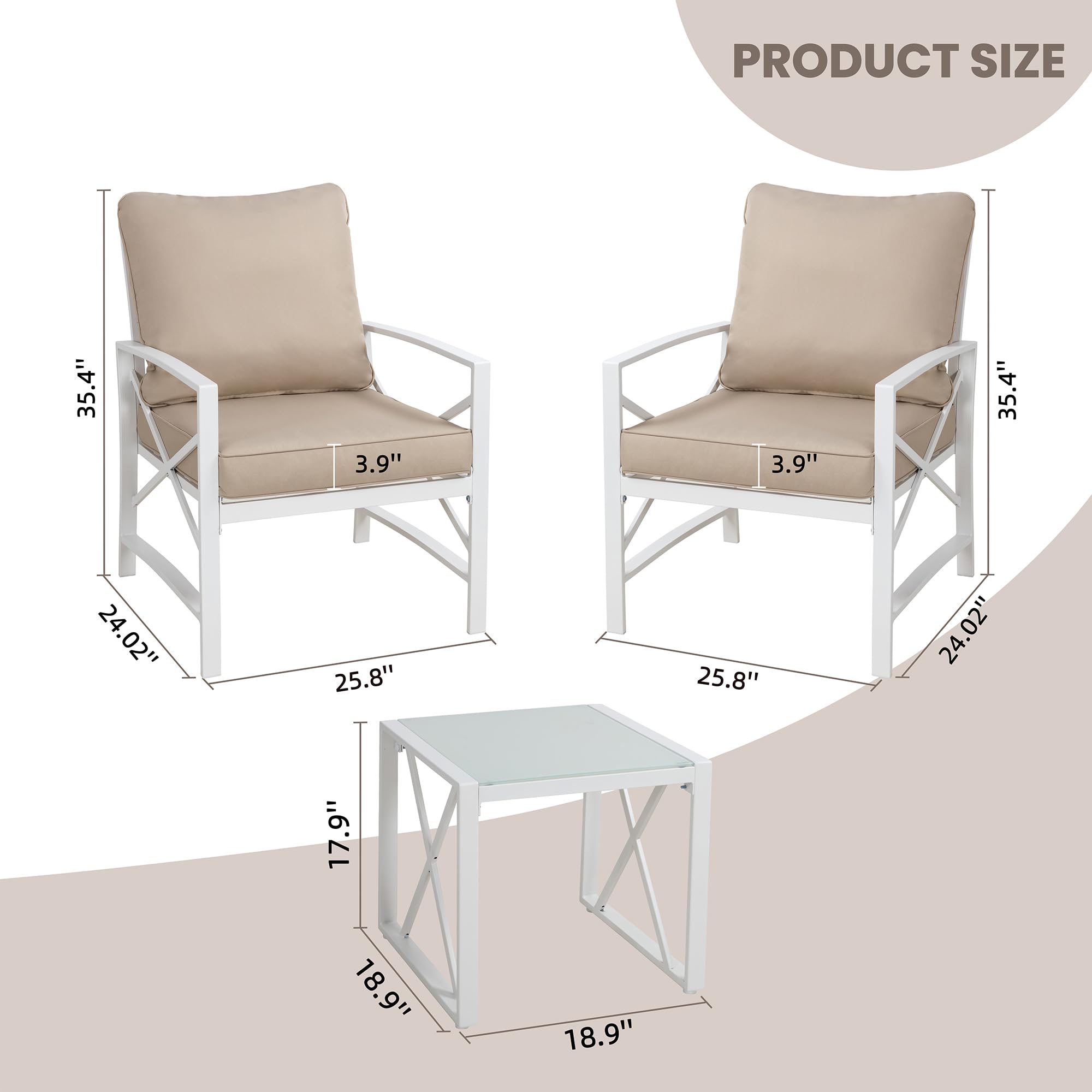 Shintenchi 3-Piece White Metal Outdoor Patio Furniture Set - Modern Sectional Sofa with Coffee Table for Backyard, Garden, Balcony - Weather-Resistant Conversation Set (Khaki) | Perfect for Outdoor Relaxation & Entertaining