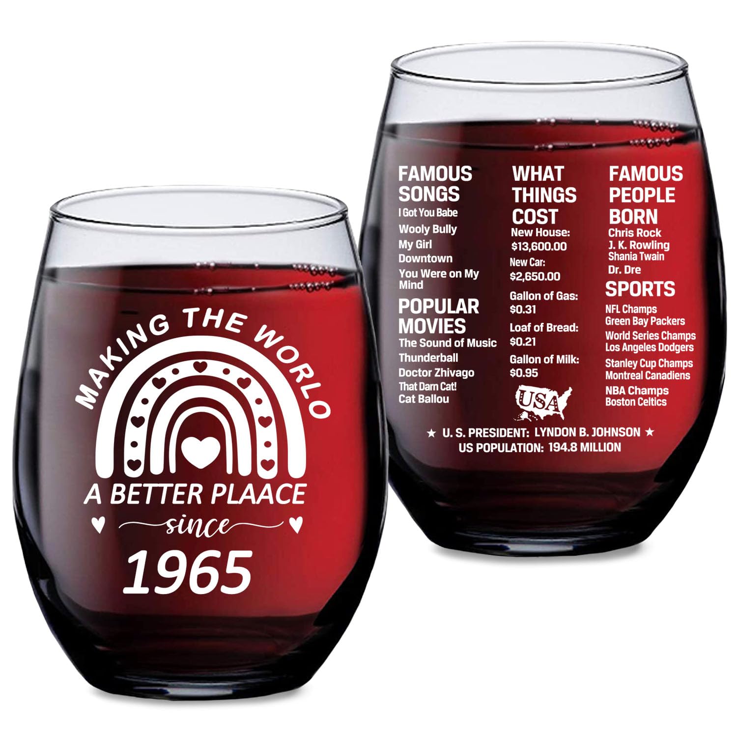 Vintage 1965 Stemless Wine Glass - 15 oz Funny 60th Birthday Gift for Women, 60 Year Old Birthday Glass Cup with Boho Design - Perfect for Birthday Parties, Retirement Celebrations & Anniversary Gifts