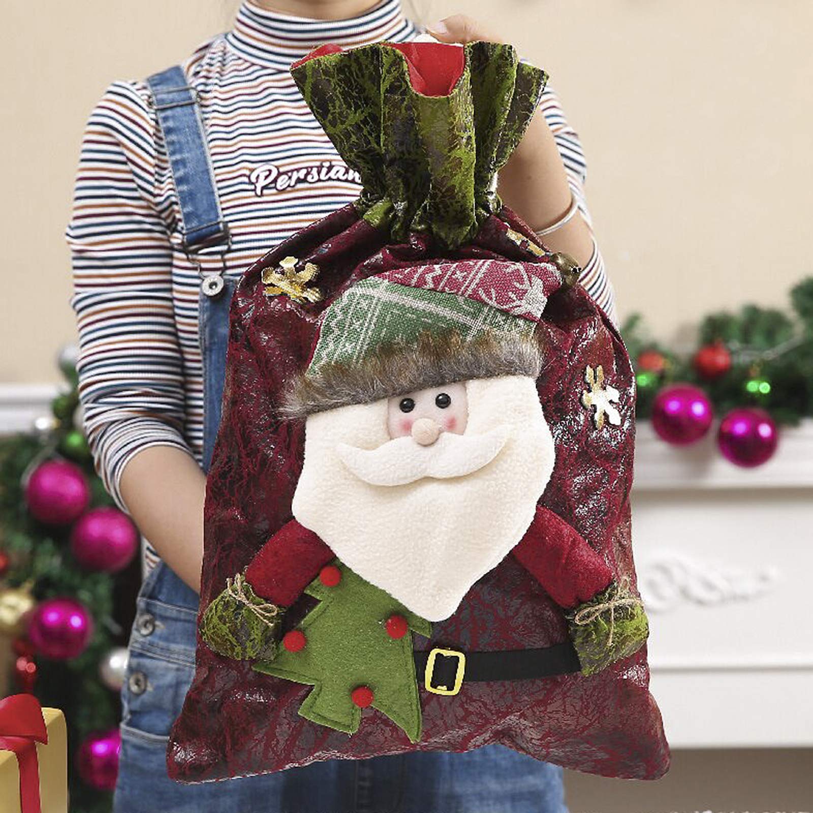 Christmas Gift Bags with Drawstring - 3D Santa Claus & Elk Design Holiday Party Favor Bags (22x13 Inch) for Candy, Gifts & Stocking Stuffers | Perfect for Xmas Parties, School Events & Family Gatherings