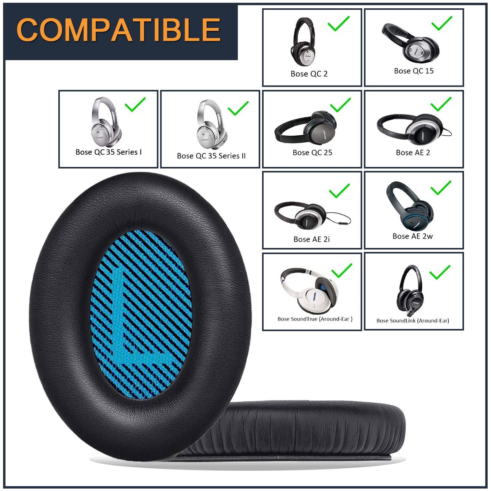 Bose QuietComfort 35/25/15/QC2 Replacement Ear Cushion Pads - Premium Protein Leather & Memory Foam Ear Pads for Bose QC35 QC25 QC15 Headphones - Perfect for Travel, Office & Noise Isolation