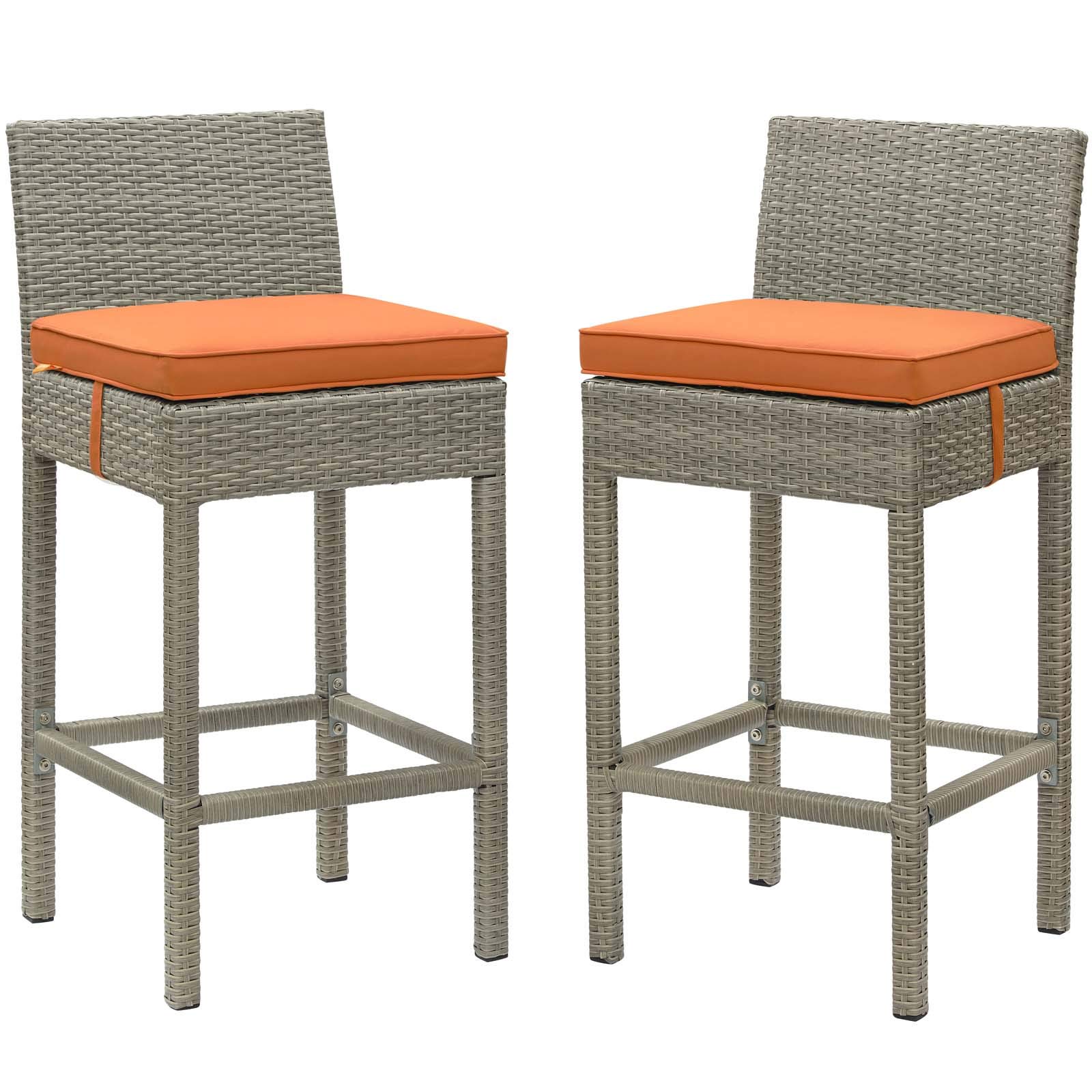 Modern Outdoor Patio Bar Stool Set of 2 - Durable Fabric Rattan Wicker Chairs in Vibrant Orange, Perfect for Garden, Poolside, and Backyard Relaxation