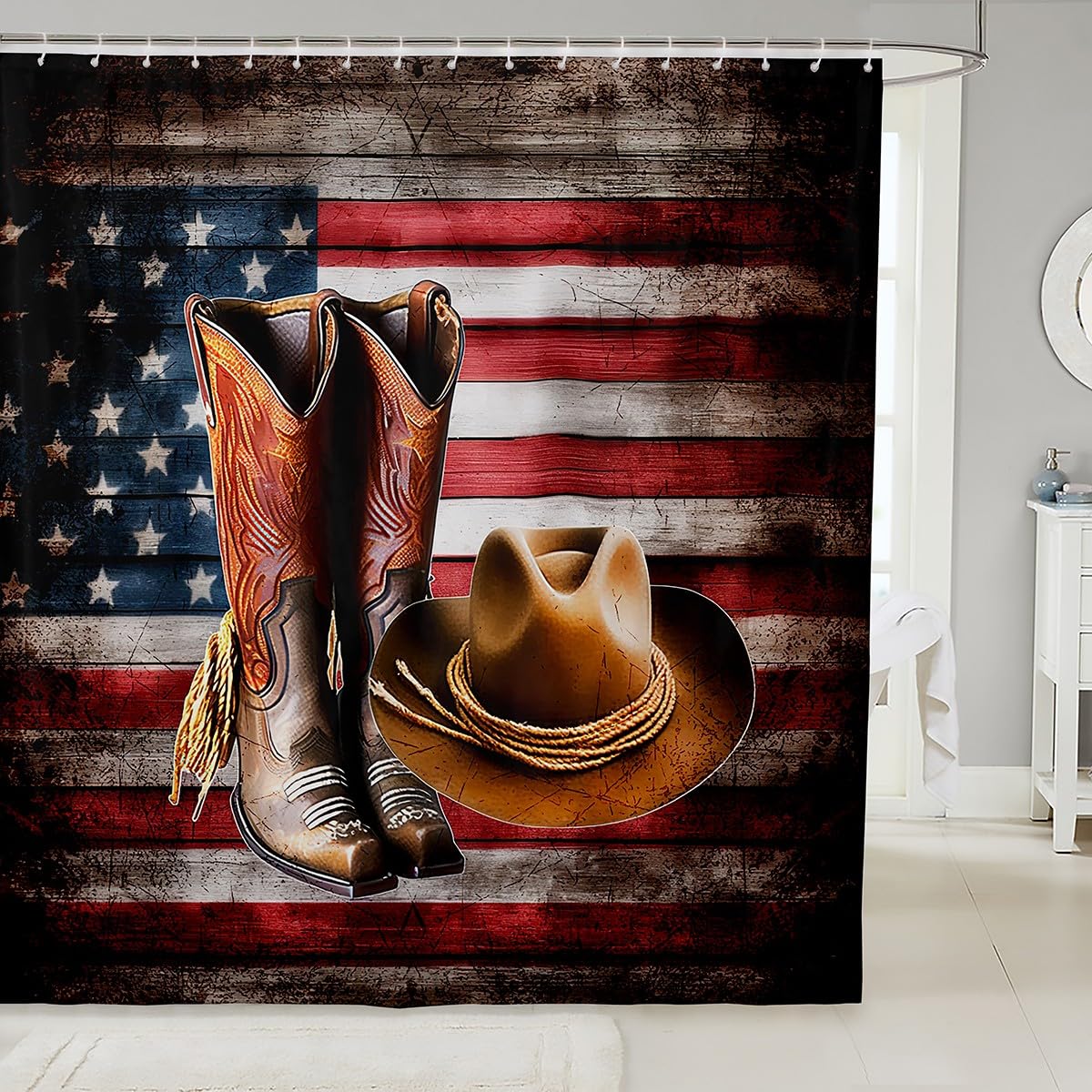 American Flag Western Cowboy Shower Curtain 72x72 Inches - Wild West Rodeo Bathroom Decor for Kids with Grunge Design - Perfect for Cowboy Themed Bathrooms & Western Style Home Decor