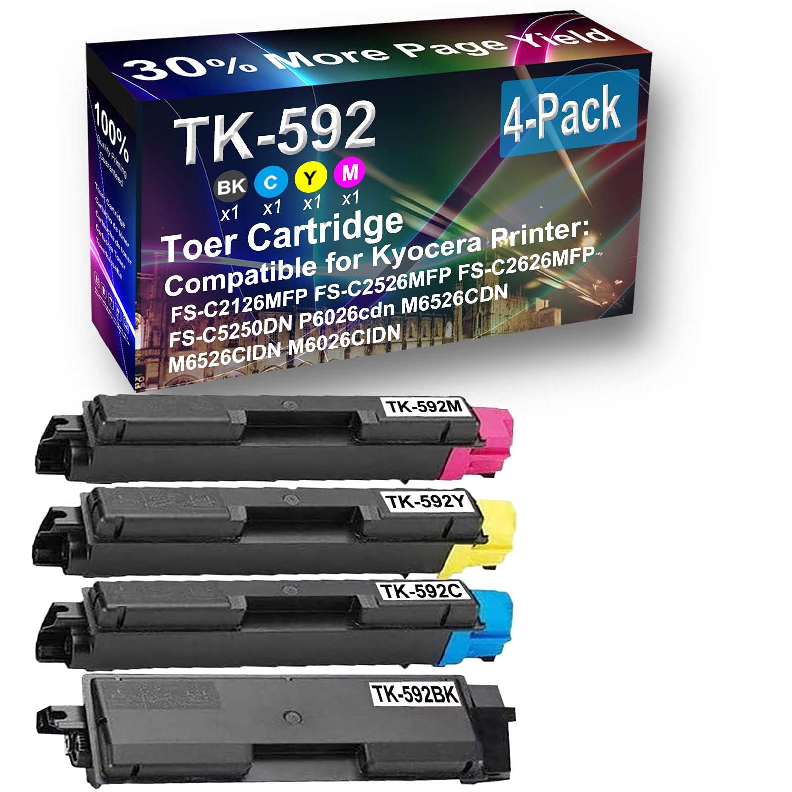 4-Pack High Yield TK592 Toner Cartridges (Black, Cyan, Yellow, Magenta) - Compatible with Kyocera Ecosys P6026cdn, M6526CDN, M6526CIDN, M6026CIDN Printers - Perfect for Office Printing, High-Volume Documents & Professional Color Output