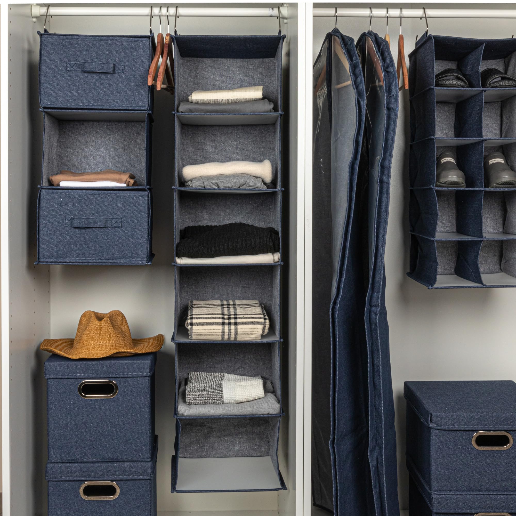 Household Essentials Hanging Cotton Blend Closet Organizer with 3 Storage Shelves - Space Saving Wardrobe Storage for Clothes, Shoes & Accessories | Perfect for Bedroom, Closet & Dorm Organization