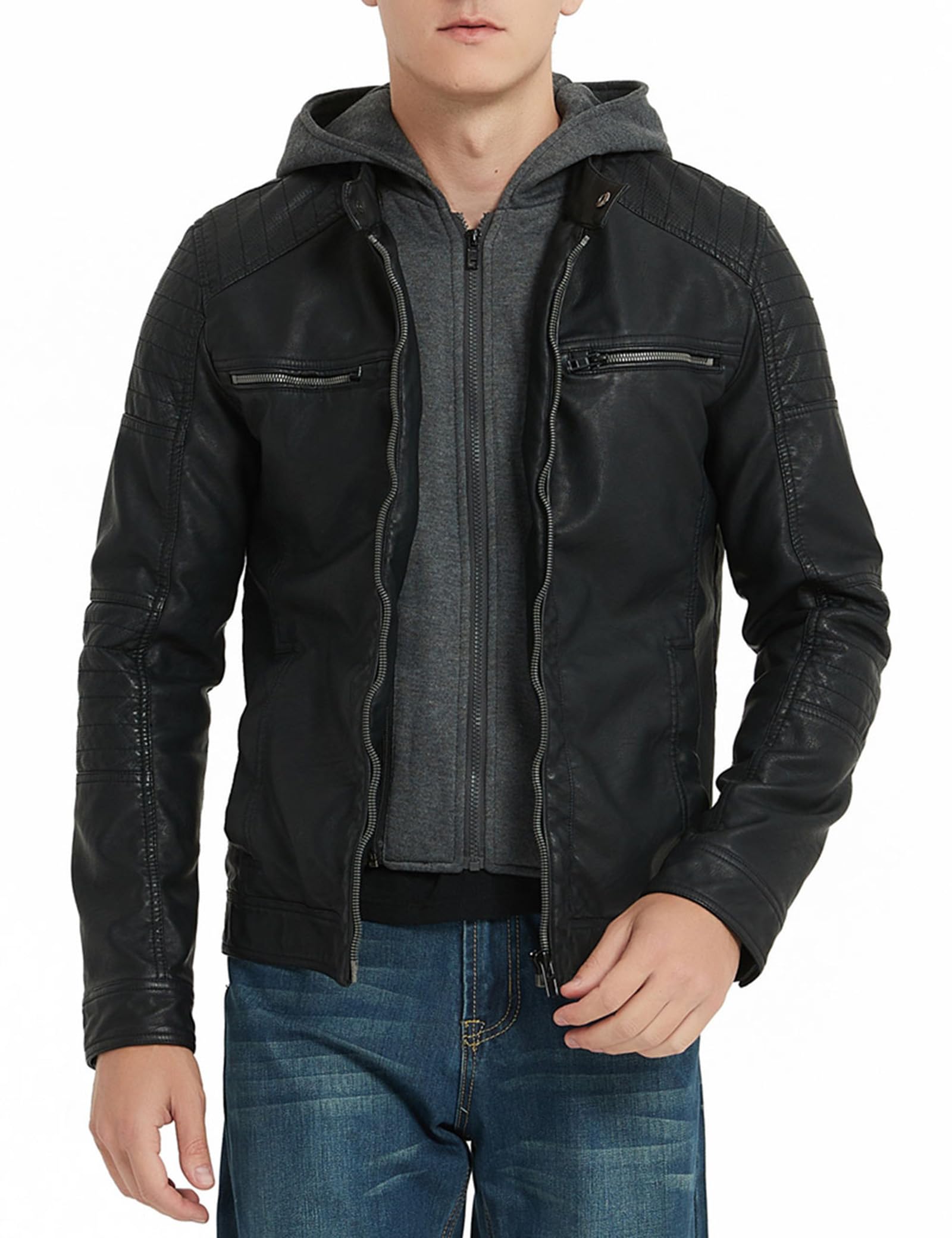 RISISSIDA Men's Faux Leather Bomber Jacket - Warm Double Zipper Coat with Detachable Hood for Fall, Winter & Spring | Stylish Outerwear for Casual Wear, Night Out & Motorcycle Riding