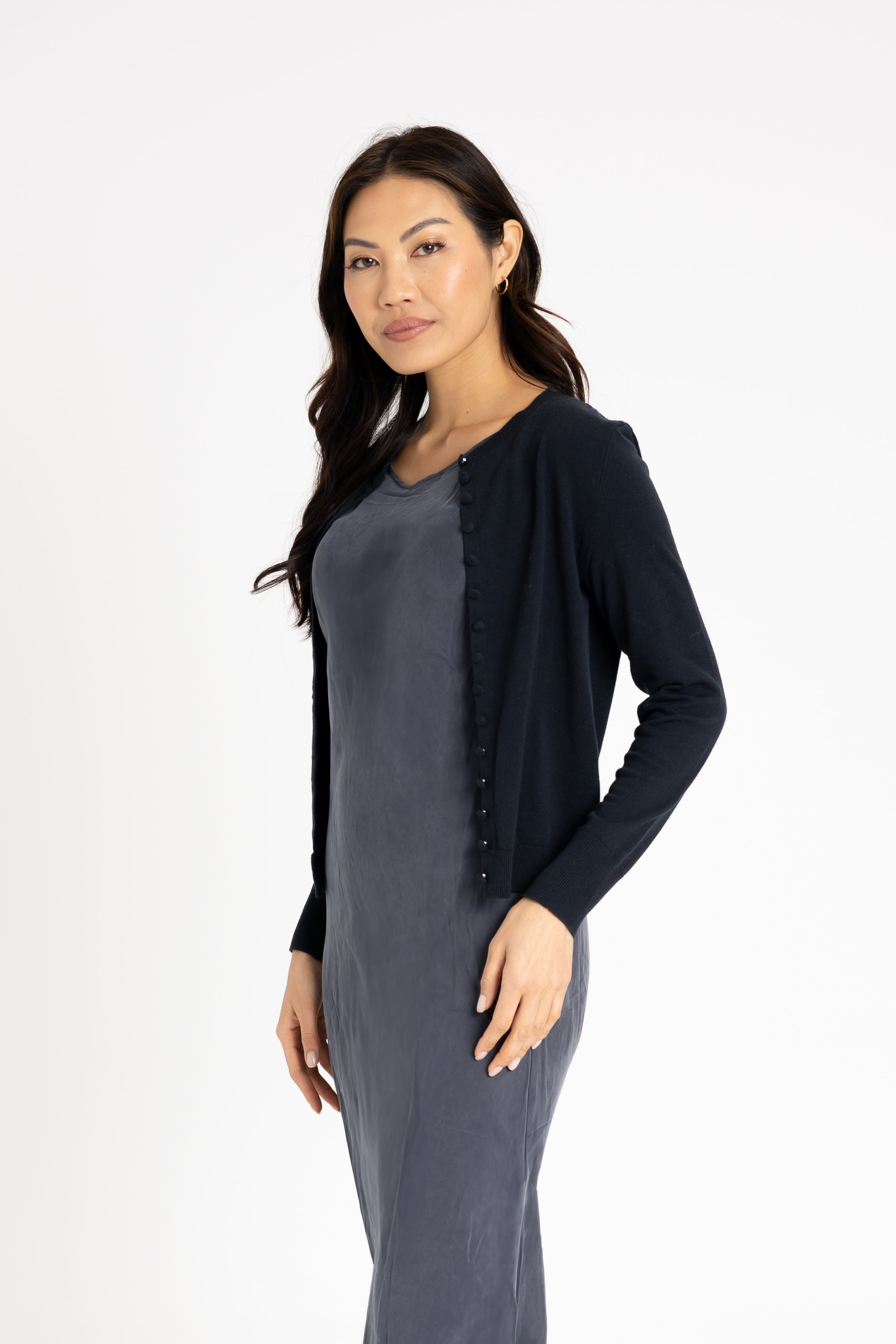 Navy Blue Button Up Knit Cardigan Sweater for Women - Cozy Fall & Winter Layering Outfit for Office, Casual, or Date Night