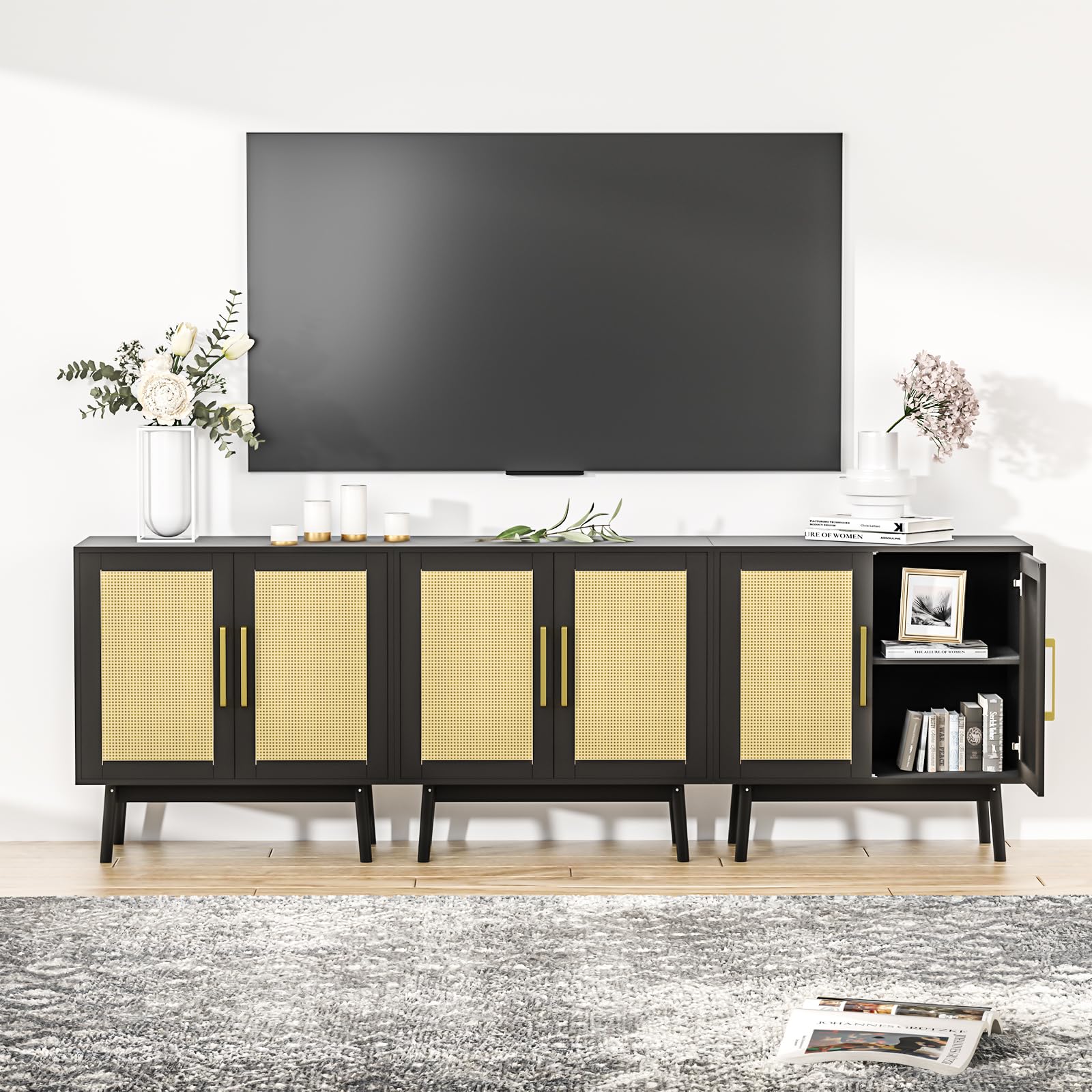 LYNSOM 3-Piece Wooden Sideboard Buffet Cabinet with Rattan Doors - Long Storage Cupboard Console Table for Hallway, Entryway & Living Room - Black Modern Farmhouse Decor for Dining Room & Home Organization