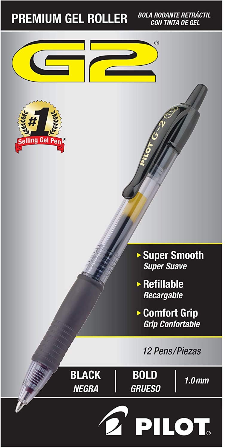 Pilot G2 Bold Gel Pen 1mm Black Ink - 12 Pack for Office & School Use