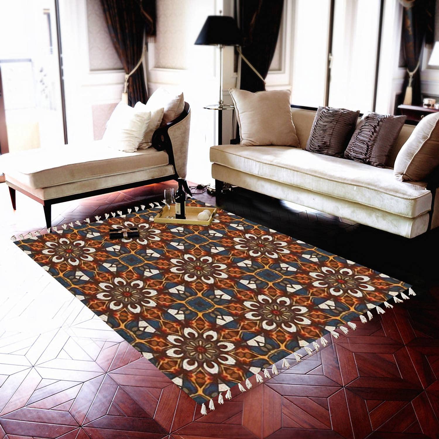 Boho Geometric Floral Area Rug - Abstract Seamless Pattern with Curved Shapes for Living Room, Bedroom, Patio | Indoor Outdoor Carpet Runner Mat | Minimalist Home Decor for Hallway, Dorm, Apartment