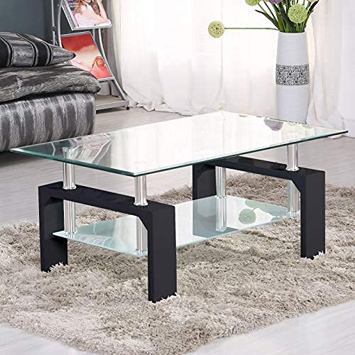 Modern Rectangle Glass Top Coffee Table with Wood Legs and Shelf - Stylish Living Room Center Table for Home Decor & Entertainment Spaces
